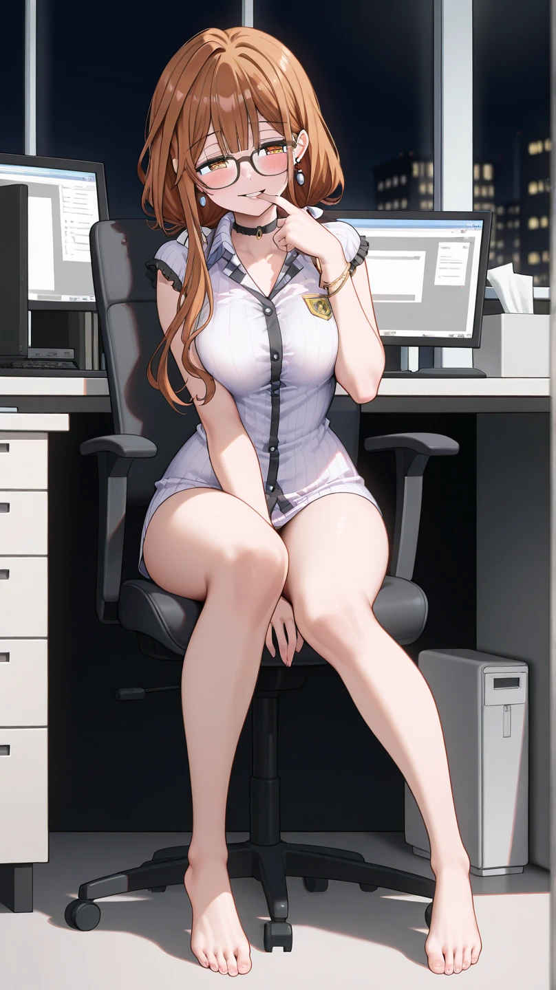 ( young Scarlett Johansson:1.4)((Body of the golden ratio)), Best quality, ultra highres, (photoreallistic:1.4),, High resolution, Detailed, Photo brute,contact visuel, on all fours, big cleavage, in office, lustfull face, busty, secretary, tight unbuttoned white blouse, short black skirt, glasses, stockings, high heels, red hair, beautiful eyes, cyberpunk, night, clear, high resolution, only 1 girl, neon lights, dlsr, diffused lightning, high details, best quality