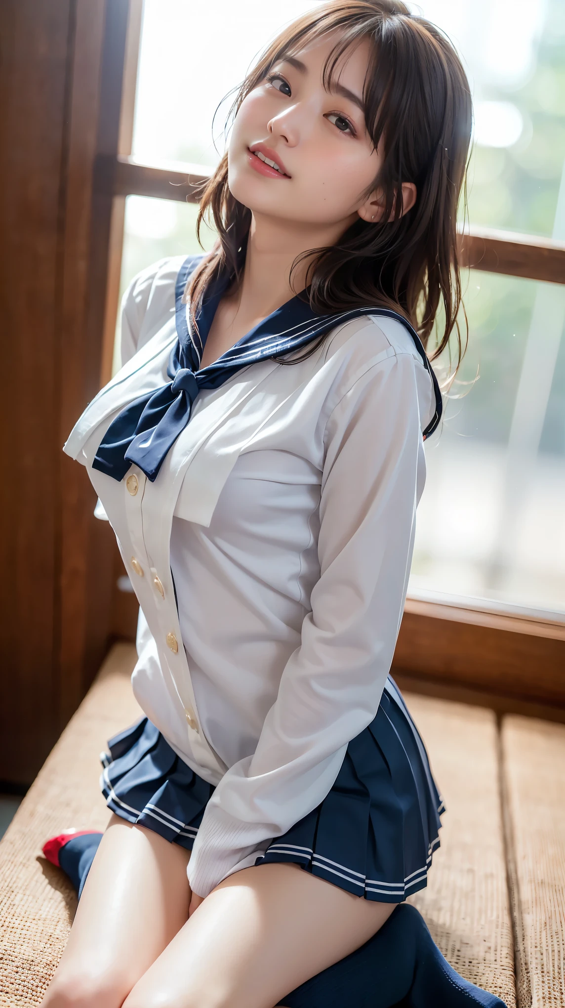 ((masterpiece)), (( Highest Quality)), ( details), (( very well detailed)), 4K, (8k), Highest Quality, ( beautiful), in the classroom , cute woman, 1 woman 、 beautiful mature woman, alone, ( sailor suit 、 pleated mini skirt 、 knee-length socks), beautiful light brown hair, (( beautiful eyeedium hair, embarrassing, lens flare, Sparkling, Shine、 slender body 、japanese actress、 beautiful mature woman, (( The girl :1.5)), (( Random Sexy Poses、put in、Deep joy:1.2)), (( Breathe in hard :1.2))、leaning back、 Face to ceiling 、 climax expression , twitching all over , ((lie on your back, angle looking down 上記)),((looking up at the audience))