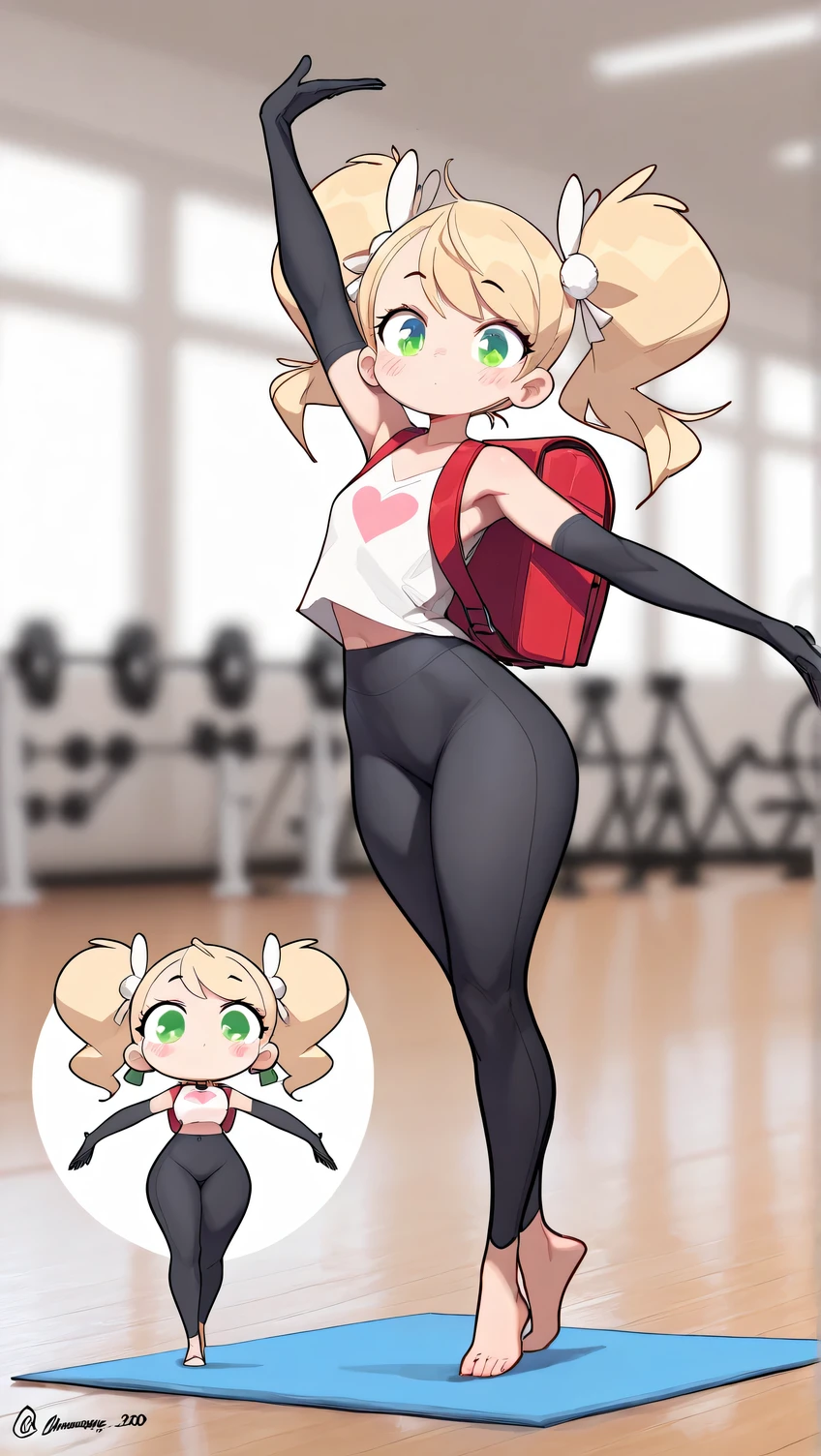 a full body girl, Ui Shigure (Chibi version ), Alone, pigtails, cerquillo, underwear, Gloves, elbow Gloves, red Japanese school backpack, green eyes, blond hair, source_anime, ((masterpiece)), a full body girl, charming beauty , blush, pretty girl Tsundere, voluptuous body, ( she is very small), perfect attractive curvy slim body, charming beauty , gorgeous body shapes, the perfect female figure, big hips, very wide hips, very thick thighs, sleeveless t-shirt, gymnast, training, yoga, fitness, Leggings, barefoot, blurred background, 4K resolution photo , best quality, amazing quality, very aesthetic, absurdres, HDR-10, ultra high definition, ISO 3200k , neckline,
