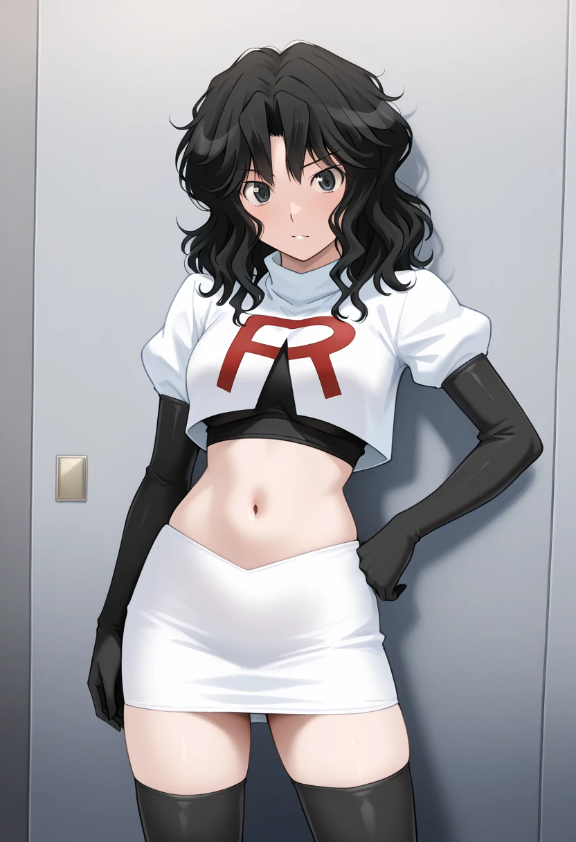 1 girl: full body. Sitting in a chair, inside a hospital office. Small and thin body, tiny, , ebony skin. Wide hips and narrow waist. Small bust. Full legs and lips. Long, loose, wavy, messy black hair. Black eyes. Dressed in a small erotic doctor costume: long white doctor's coat that covers the palms of the hands and reaches to the ankles, tiny white skirt, white crop top with a red cross in the middle that shows the abdomen, white stockings with lace with a red bow. Red patent leather shoes. Black choker. Black mesh gloves that leave the fingers exposed. Expression: confused, confused, raised eyebrow. Small, dark and sweaty body. Loli body.  body.
