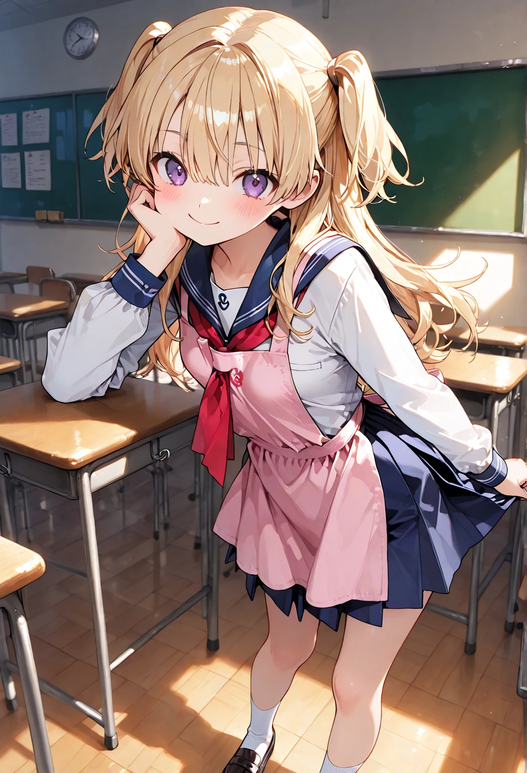 (masutepiece:1.2), (Best Quality:1.2), (Detailed face:1.2), (Perfect eyes:1.1),超A high resolution,High resolution, ,US1, Blonde hair, Purple eyes, School uniform, White shirt, Blue skirt, neckerchief, White socks, Pleated skirt, Long sleeves, Pink Panties,Camel toe, hand held skirt,Skirt lift