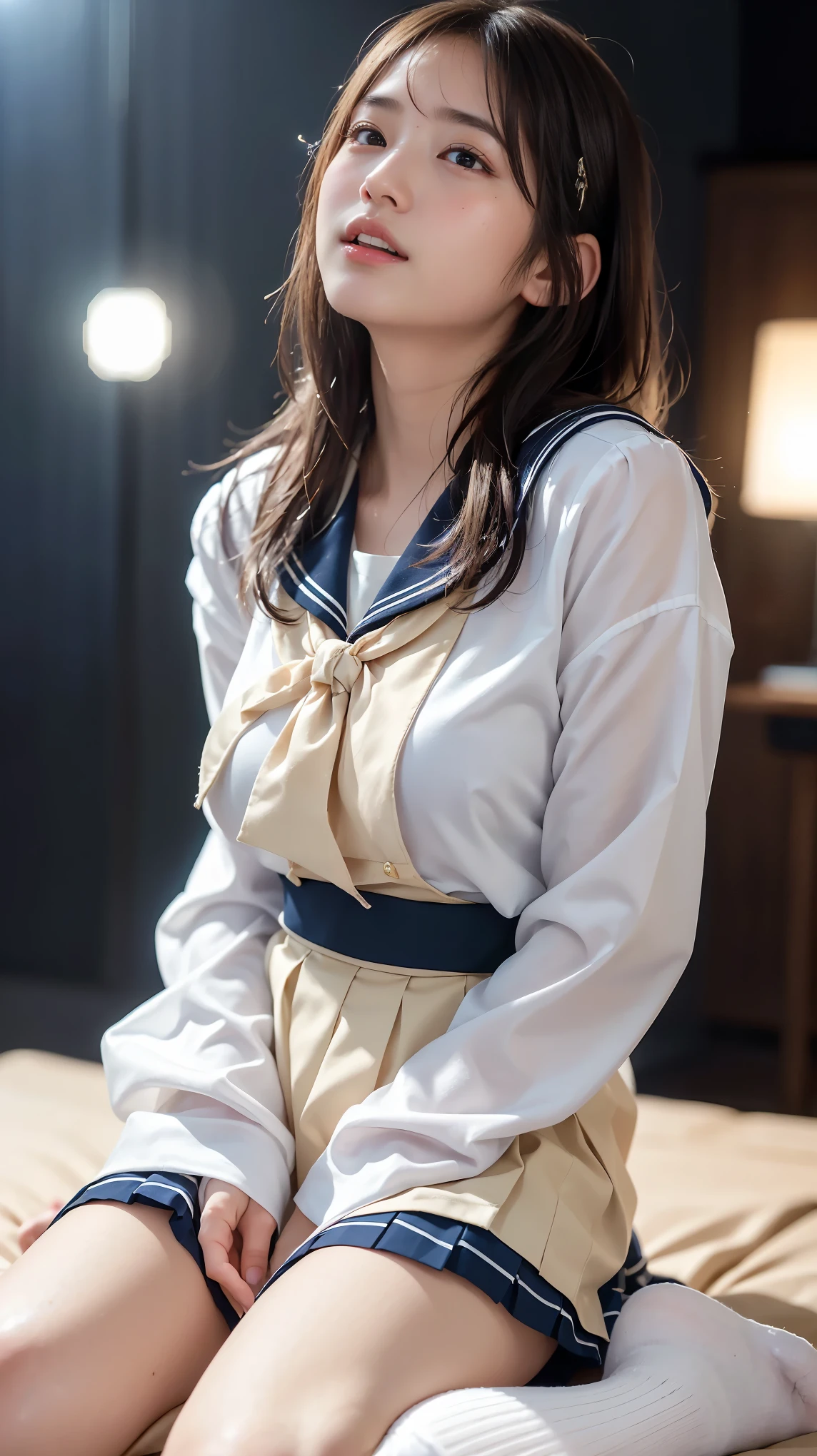((masterpiece)), (( Highest Quality)), ( details), (( very well detailed)), 4K, (8k), Highest Quality, ( beautiful), in the classroom , cute woman, 1 woman 、 beautiful mature woman, alone, ( sailor suit 、 pleated mini skirt 、 knee-length socks), beautiful light brown hair, (( beautiful eyeedium hair, embarrassing, lens flare, Sparkling, Shine、 slender body 、japanese actress、 beautiful mature woman, (( The girl :1.5)), (( Random Sexy Poses、put in、Deep joy:1.2)), (( Breathe in hard :1.2))、leaning back、 Face to ceiling 、 climax expression , twitching all over , ((lie on your back, angle looking down 上記)),((looking up at the audience))