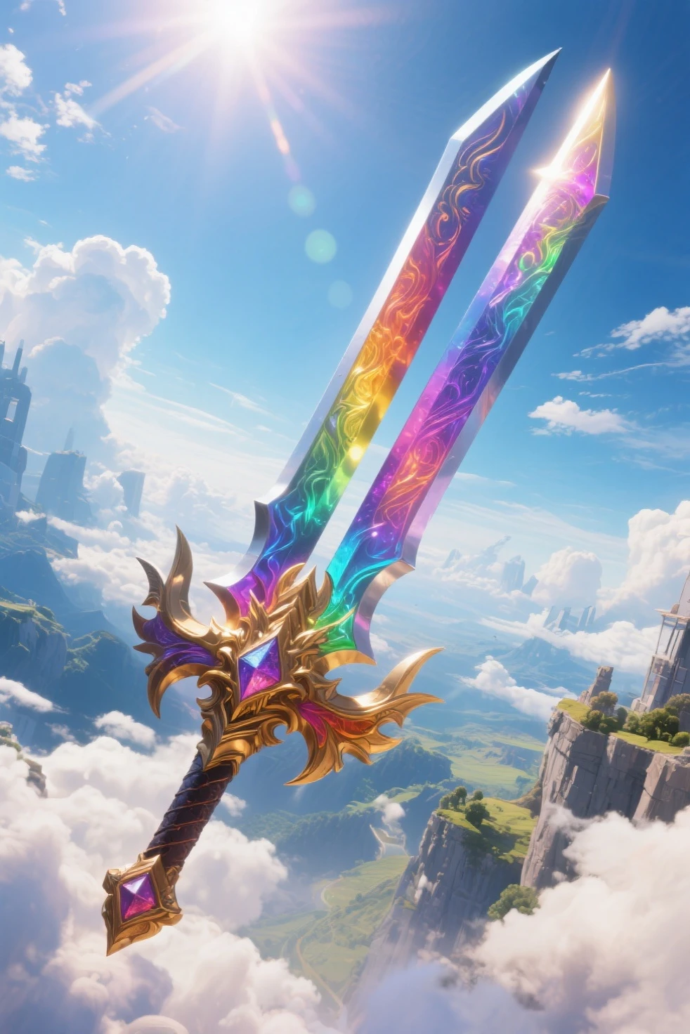  masterpiece, 8K, high resolution, sky, sci-fi, adventure, fantasy, (rare equipment), dragon magic sword, a blade split into two, never seen before, huge, amazing, super ultra treasure item, legendary rare equipment, super dreadnought, shining in seven colors, coveted by adventurers, sacred artifact, with sky and clouds, vibrant academic world, bird's-eye shot, impressive panorama, panoramic composition, sunlight, dynamic lighting, wide-angle lens 