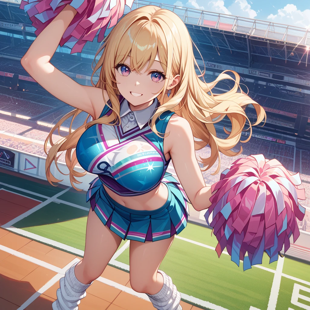teenager, 16 year old, blonde, pretty, long wavy hair, green eyes, pink cheerleader uniform, thin, big chest, thick thighs and butt, anime, one girl, alone, american football field background