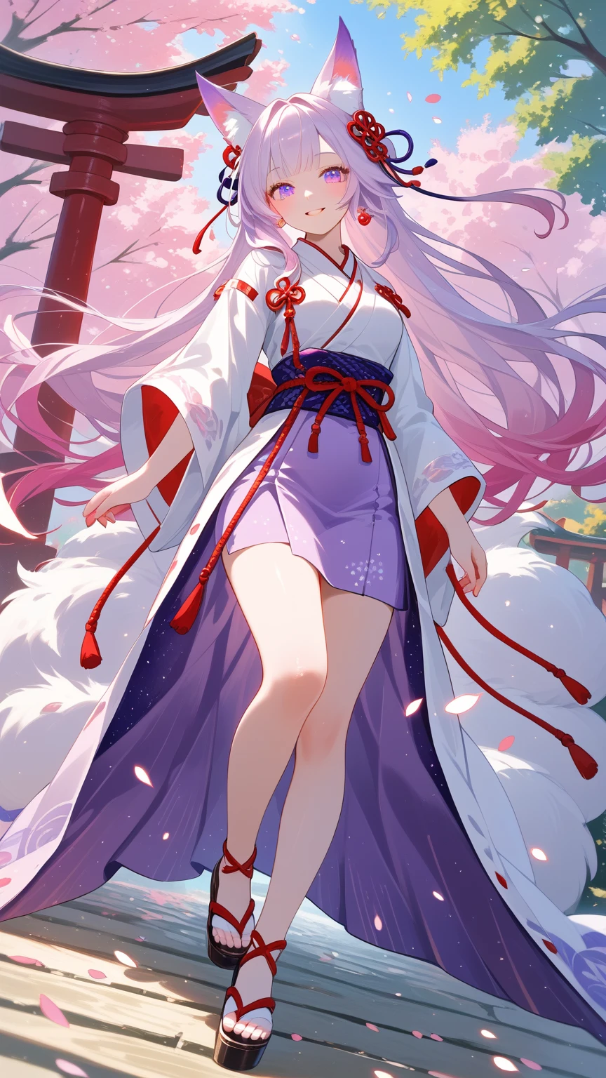 Sakura has slanted red eyes accent with dark pink makeup and long, straightened grey hair. She wears pink sakura petal earrings to match her soft pink wings and the hat on her head, along with the pink sakura on the side. She wears a pink and soft blue gradient kimono with a thick red ribbon wrapped around the waist, dangling from her back, and her key hanging from her neck. Her shoes are pale blue toe sandals. SPARKLE; GLITTER