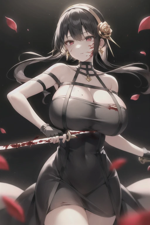 red hair, female, solo, smol, red eyes, massive breasts, oppai , very long hair, wear open cut black tight tank top and red leggings, holding a blood red sword, masterpiece, ultra high quality