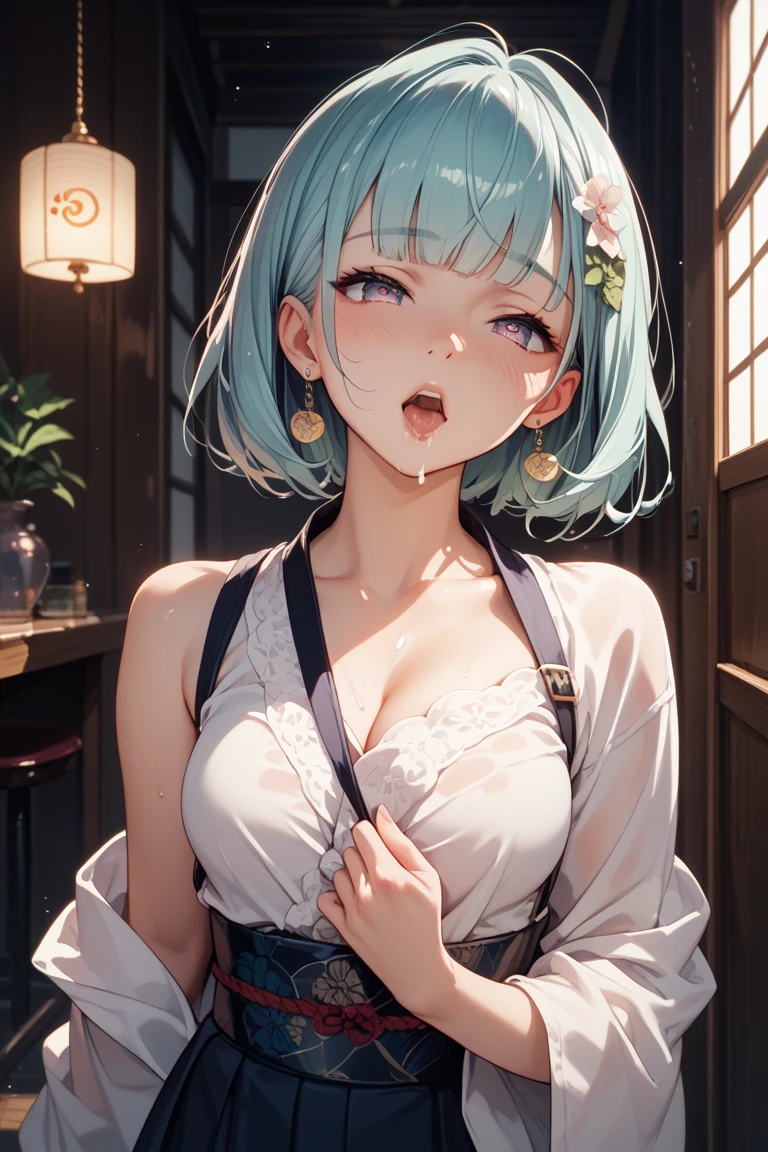 (masterpiece, highres, high resolution:1.2), anime 20 yo girl, portrait, shoulders up, illustration. drawn, blue hair woman, green eyes, blushing, solo, sad, sad face, freckles, big lips, huge breasts, perfect body, wearing a turtleneck sweater, anime girl, visible , visible nipples, shirt lift, blowjob, braids