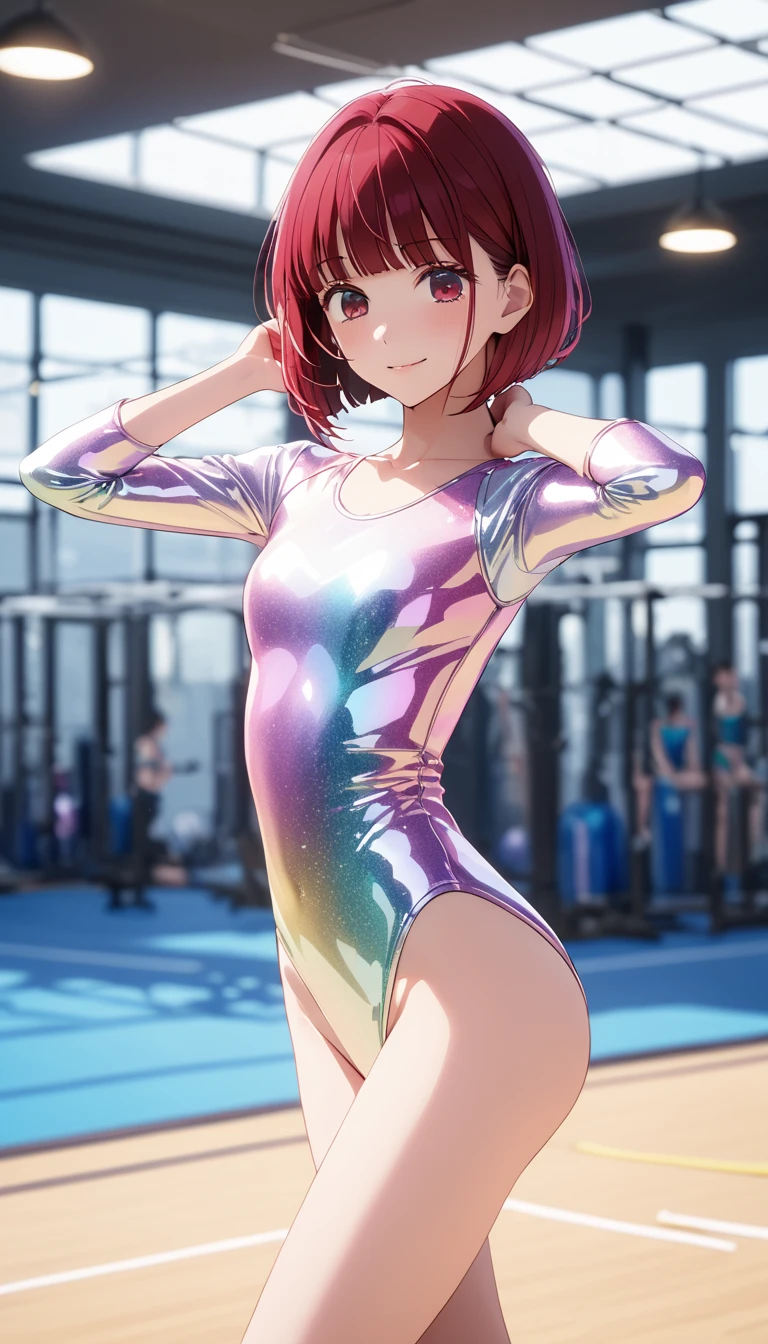 highquality illustration, masterpiece, very delicate and beautiful, attractive girl,(gymnastics leotard, Floral patterns leotard,long sleeve leotard with glittery decoration,high_leg leotard,athletic leotard,tight-fit leotard,iridescent gradient leotard,long-sleeve leotard),thin,slender body,slim,high school,gymnasium background,gymnastics club,gymnastics athlete,princess, beautiful eyes,light smile,(masterpiece, best quality:1.2), highres, extremely detailed CG unity 8k wallpaper, perfect lighting, Colourful, ultra-high res,4K,ultra-detailed, photography, 8K, HDR, 17 ages, full body,