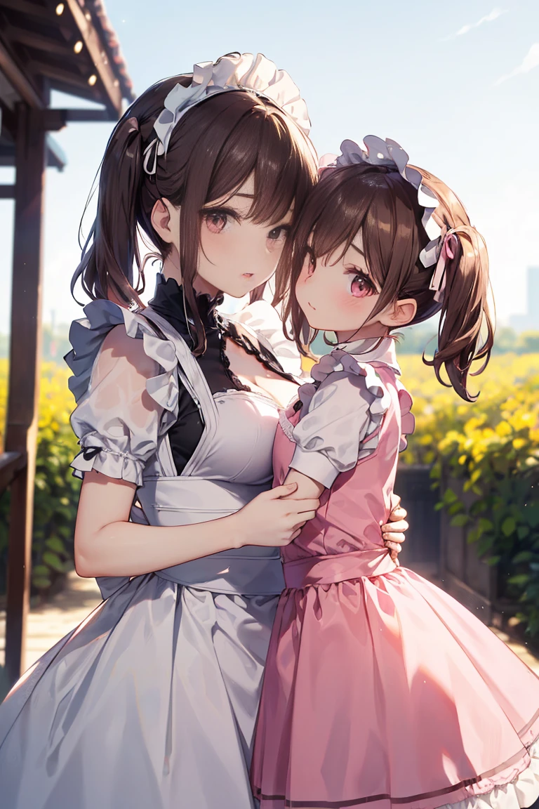 Very detailed, Highest quality, High resolution, Moe Anime, ((See-through maid outfit)), ((Two little girls hugging each other:1.2)), (Black Hair:1.4), (Baby Face), Cute eyes, Detailed eye depiction, Eyes sparkling, Dark eye color, View your audience, Pale skin, (Big eyes:1.4, Droopy eyes:1.4, Torogao:1.4), Focus on the face, In the park with cherry blossoms falling, ((Lace bra)), ((The lower half is naked)), Bright Eyes, ((Nipples are visible through the fabric)), ((Petite)), ((Young)), ((nsfw:1.2)), (Flat Chest:1.4), ((Different hairstyles:1.4)), smile, (From below:1.4)