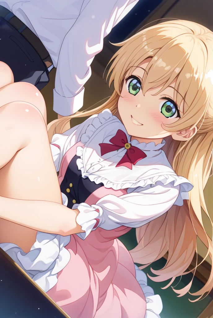 1 girl,highest quality, very detailed, Uniform Uniform,white stockings,blonde hair, long hair, green eyes, two side up, eyebrows visible through hair,flat chest, shy, blush, orgasm,female masturbation,cum in pussy,naked,