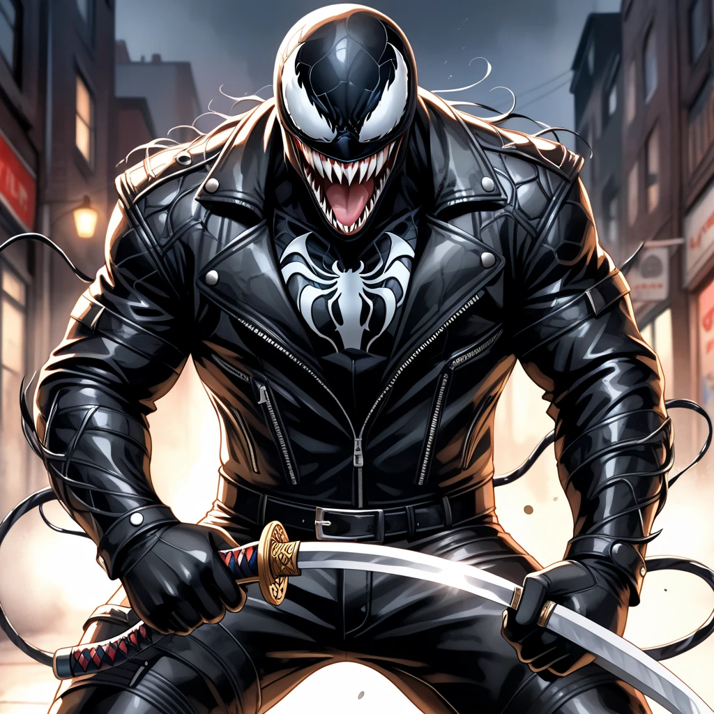 Closeup, comic book art style, Watercolor, Venom wearing an insanely cool black leather biker jacket, black shirt, black leather biker gloves, black leather biker pants, giving it a cool, edgy appearance, holding a katana, Masterpiece, best quality, Full HD, 8k, ultra details, great graphic. Ensure the lighting highlights the reflective surfaces of the leather jacket, creating a sleek, polished finish.