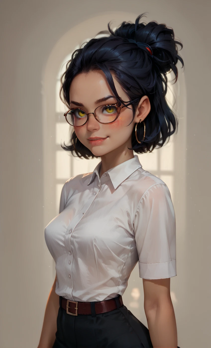 Create an 18K version of the science laboratory Linda researcher like the film Madame CURIE's radioactivity (FOFA), cabelo preso, cabelo solto, modern accessories , luxurious gold and pink glasses , olhos grande e negros detalhados, sorriso detalhado, corpo perfeito, her dress is similar to Marie Curie's Detailed details, Holograph, Jolie science lab : Deve estar vestido com um jaleco p ficar charmoso e bonito de cor rosa mostrar toda a sua altura , of the original character. science laboratory should have a round face with large dimensions, (olhos negros extremamente detalhados) , long eyelashes and rosy cheeks. Seu cabelo deve ser longo e tons preto de cor escuro. bonito: Vestir chibi em um jaleco JANAINA bonito e fofo em tons de PINK , represents the scene that she is in the laboratory holding her experiment inside her husband's laboratory ( FOFO)