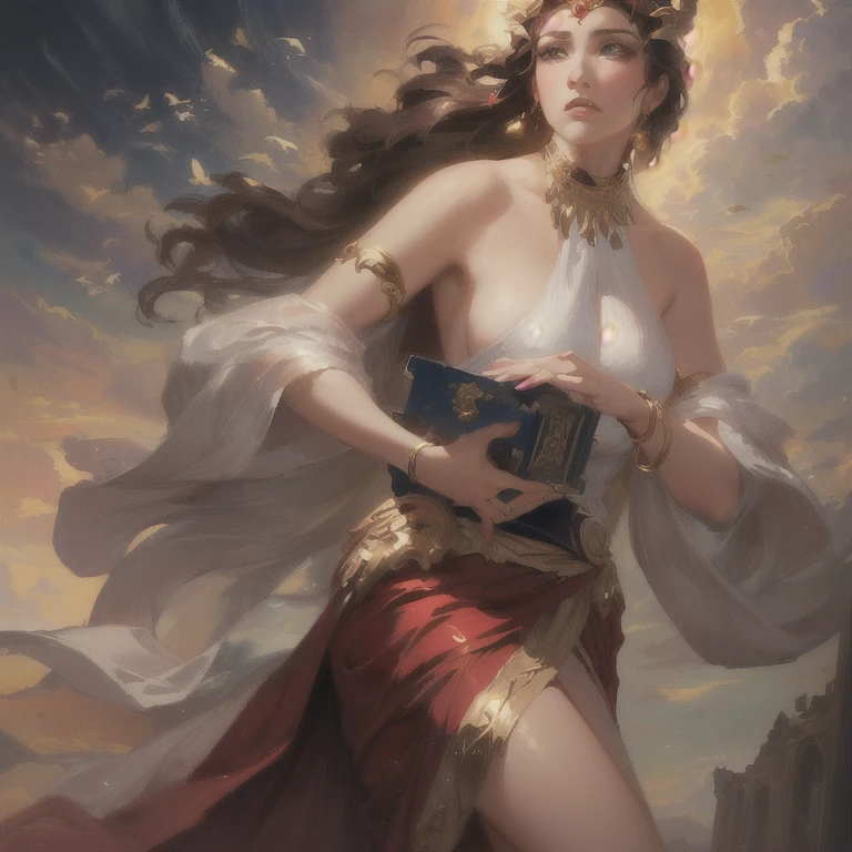 un primer plano de una mujer con un vestido sosteniendo un cofre, goddess of greek mythology, cielo nublado