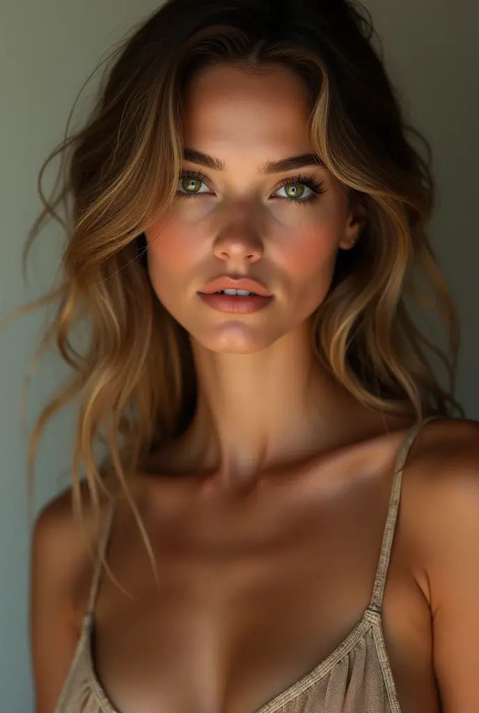 Instagram female model, light brown hair, darkened green eyes, tan skin with no top on