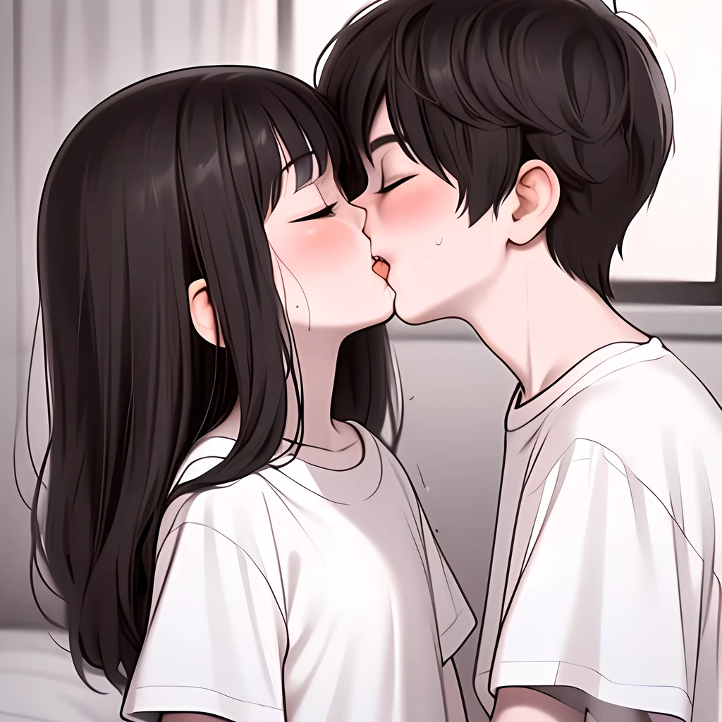 (((Line art))),(((monochrome:1.2))),(((kiss:1.7))),1boy,1girl ,couple,hetero,1 girl ,age,(((black hair))),(long hair),straight hair ,bangs,(((closed eyes))),black eyes,(droopy eyes),chubby,(((short stature))),(((white oversized shirt:1.6))),flat chest ,(sweat) ,drooling , 2 boy ,shaved head,(roll stature), indoor,bed room ,on the bed ,upper body ,