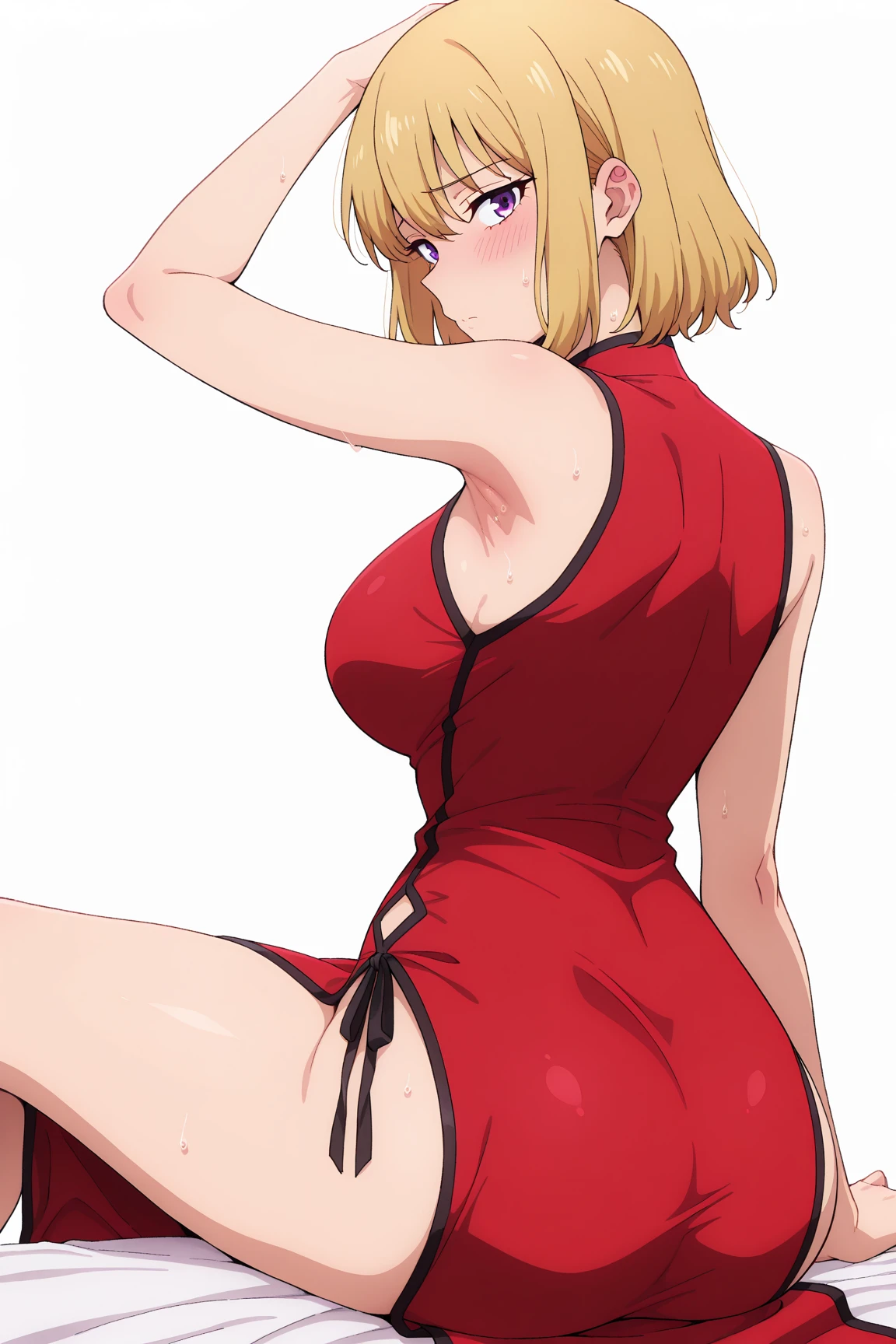 score_9, score_8_up, source_anime, solo, 1girl, tomboy, dress, hellsing, lole, young, ((aged down)), ikuchan, blonde hair, blonde hair, oriental, Chinese dress, short dress, indoors, apathetic, bored, boob window