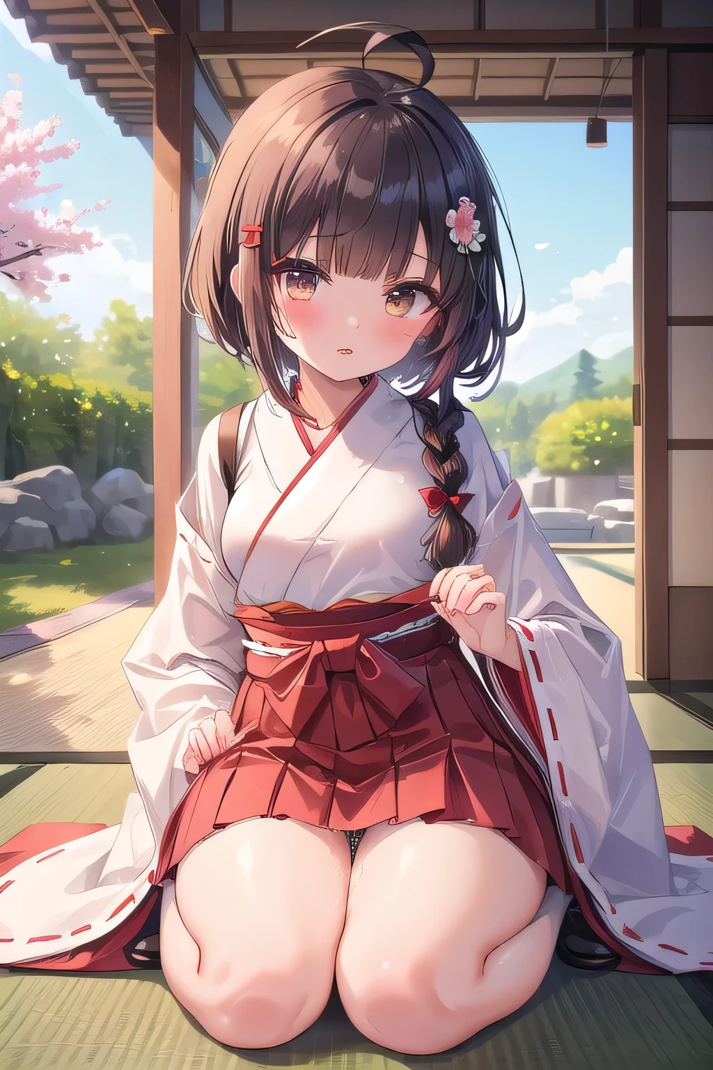 nsfw, (masterpiece, top quality, best quality, highly detailed:1.6), extremely detailed CG unity 8k wallpaper, (1 woman, shrine, outdoor, Pastel Colors kimono:1.5), (Maxi Length), strong facial expression, (sharp eye:1.2), (scowl:1.1), (embarrassed,blush:1.3), (steam:1.5), (wet, sweat:1.1), (trembling:1.3), (parted lips, harf open eyes:1.5), (feeling weak:1.5), (shoot from front, looking at viewer:1.1), (squatting, skirt lift:1.2), Sandals, (long hair, Brown hair, low ponytail, pubic brown hair:1.4), (girl trembling with sexual climax:1.5), colorful, full body, wide shot, perfect composition, (chrotch, pussy, urethra, panty, panties), urination, incontinence, piss, peeing self, A lot of pee, having an accident, pee running down legs, (((pee stream))), (pee puddle), wetting herself, pee stain, peeing, blush, trembling, embarrassed, large breasts, Yellow pee, ((leaking pee)), Shaking one's shoulders, Breaking a sweat on forehead, puddle of pee, Pee at your feet, Pee spread on the floor, Pee stains, Dripping pee between my legs, Feet wet from pee, Pee-covered feet, Pee at your feet, want to pee, about to pee, Full bladder, Pee-soaked kimono, Pee-soaked ankle socks, Pee-soaked sandasls, natural makeup,