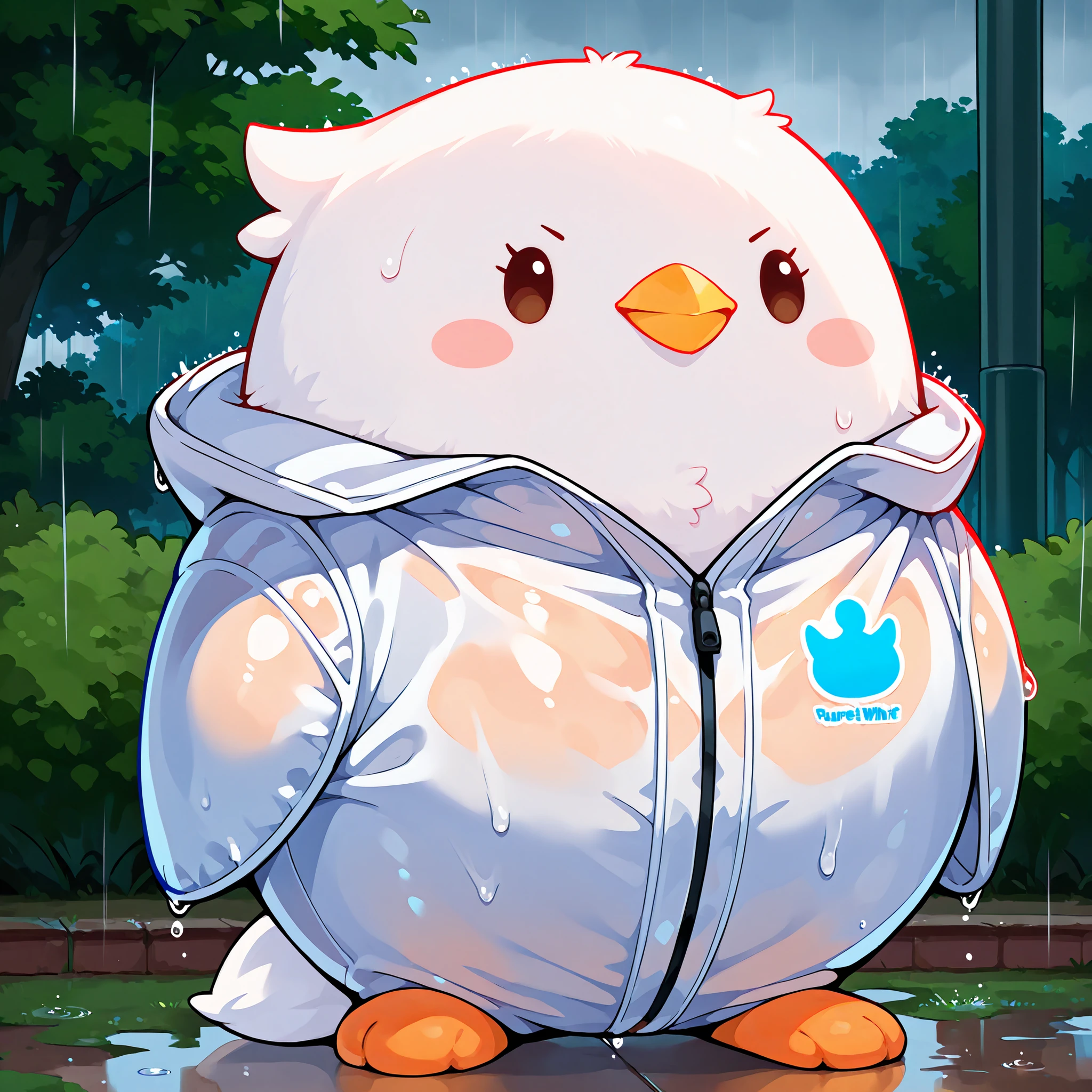 Masterpiece,Best quality, ultra detailed,Japanese Anime style, (pure white sparrow mascot) , round body, fluffy body,simple face, cute appearance, (Wearing a rain suit), in the park, in the rain,