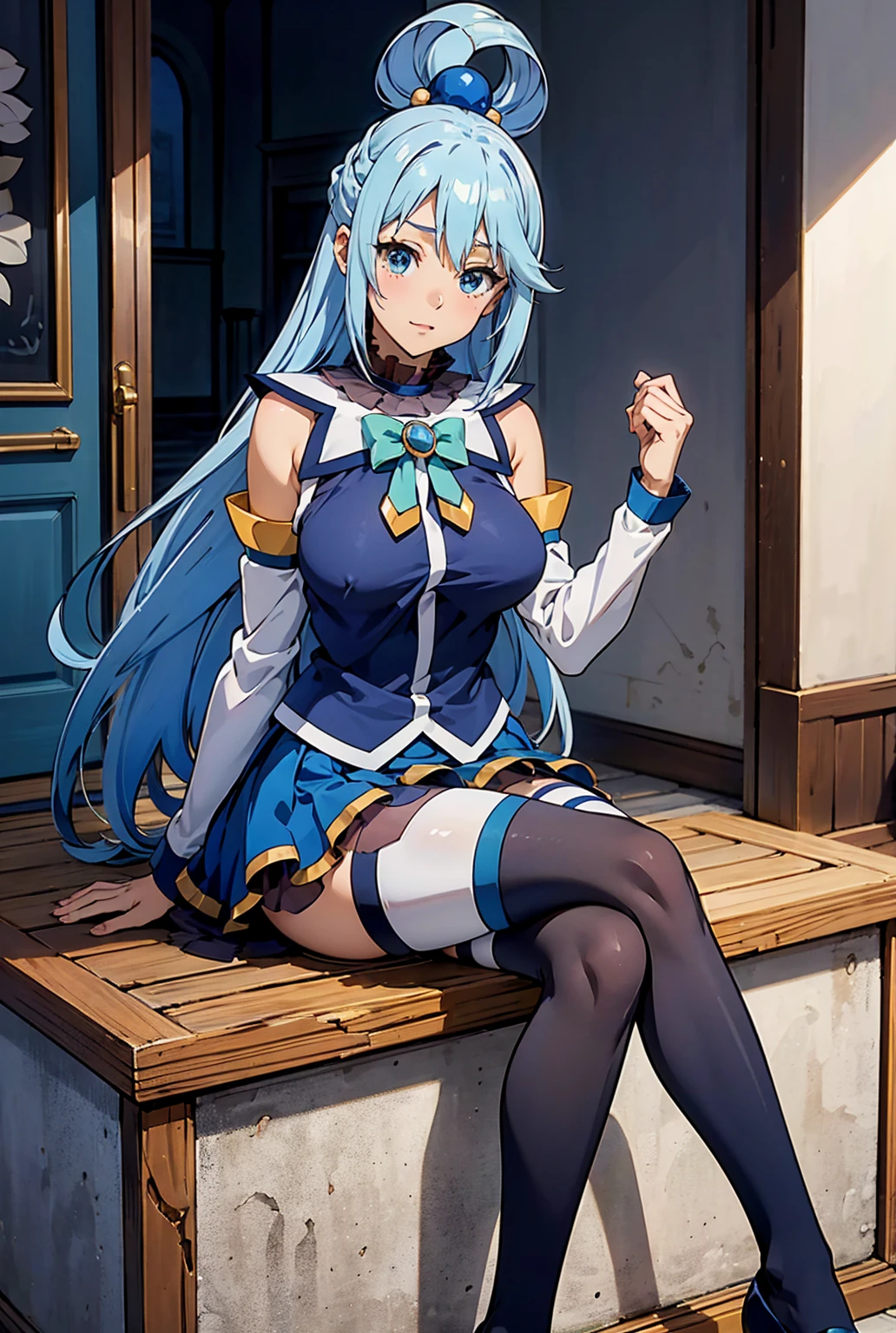 iechan,long blue hair,hair ornament,large breasts,bare shoulders,white elbow gloves.collarbone,side ponytail,white thighhighs,blue dress,pleated skirt,sitting on floor with a smile looking at viewer very curiously,
