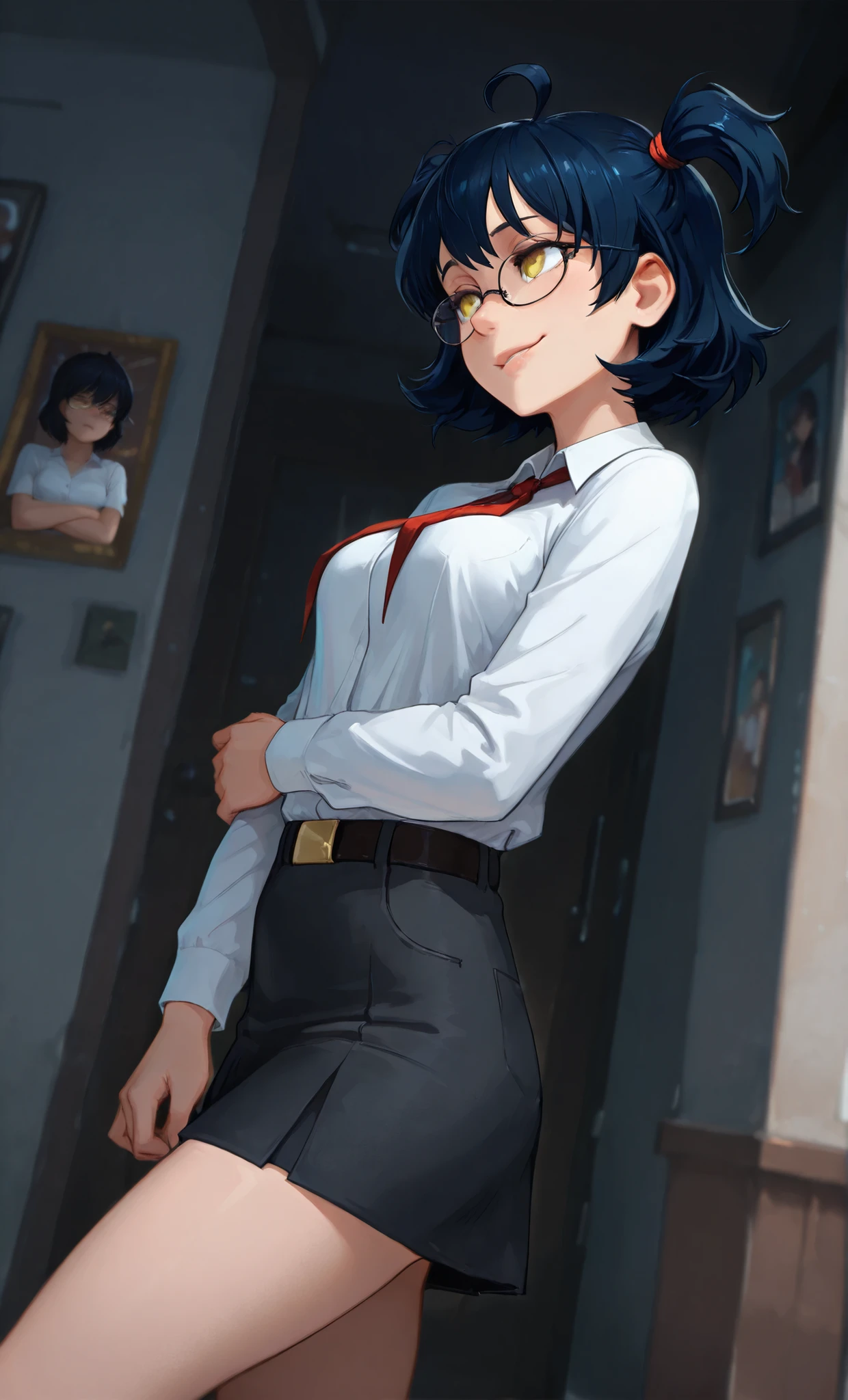 score_9, score_8_up, score_7_up, score_6_up, high resolution, ultradetailed, high detailed picture, solo, look at you, dynamic pose, dynamic angle, smug, nightmare, young girl, detailed face, melancholic expression, dark smoky atmosphere, moody lighting, intricate details, cinematic composition, dark, accurate hands, digital art, rounded face, big eyes, perfect flat breast, look at you, woman, breasts, xaxaxa 1_style, two side up, hair tie, look at you, beautiful and sexy secretary, wears glasses, make-up, side view, wears a black miniskirt and a transparent white blouse that is completely open on her small breasts, perfect anatomy, zhenya_es, dark blue hair, short hair, ahoge, yellow eyes