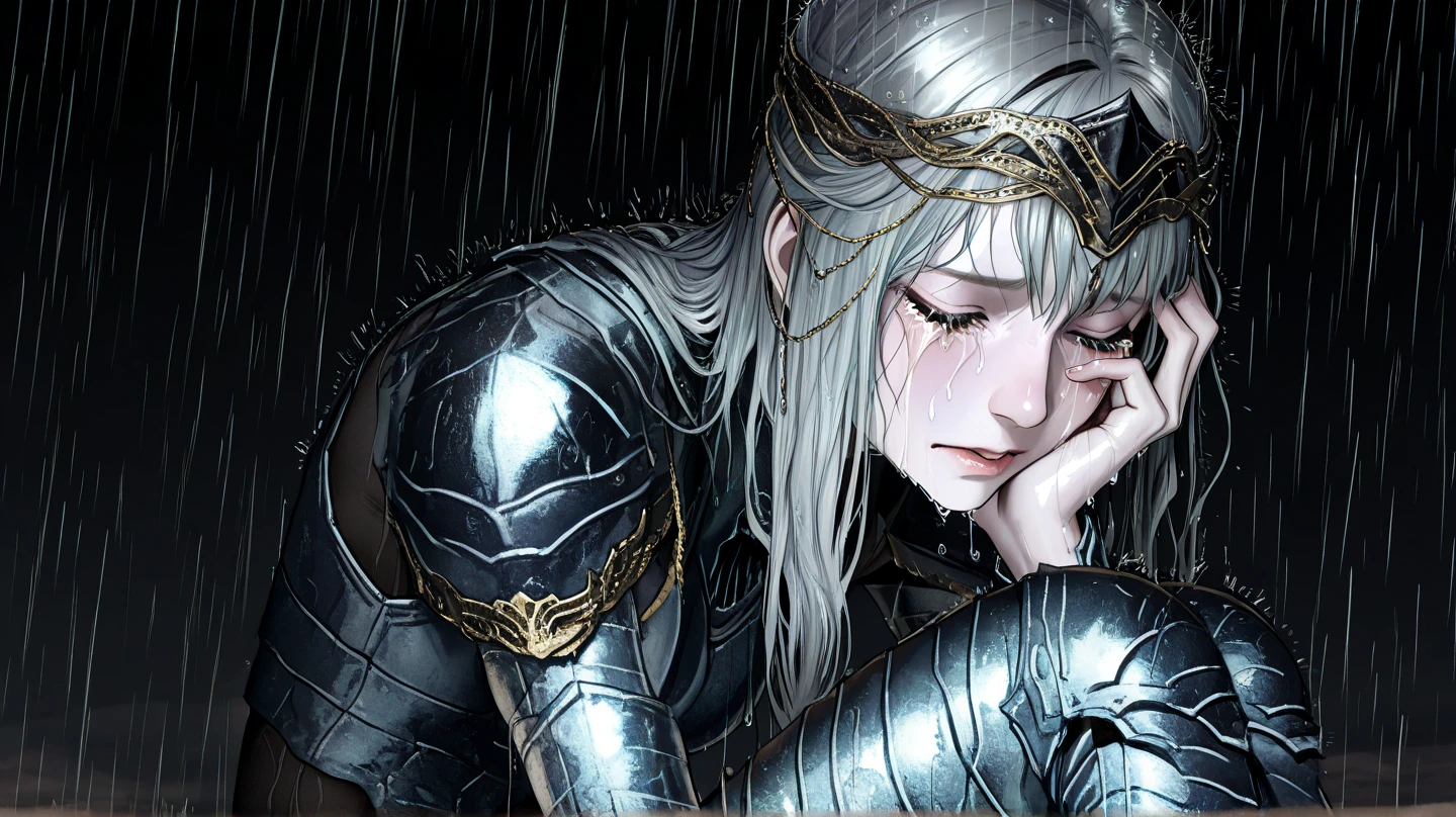 woman, blue eyes, long hair, white hair, mature, god eyes, diamond earings, glowing right eyes, two colors eyes, purple eyes, golden armor, injured, blood, dead, tears, glowing eyes, determination