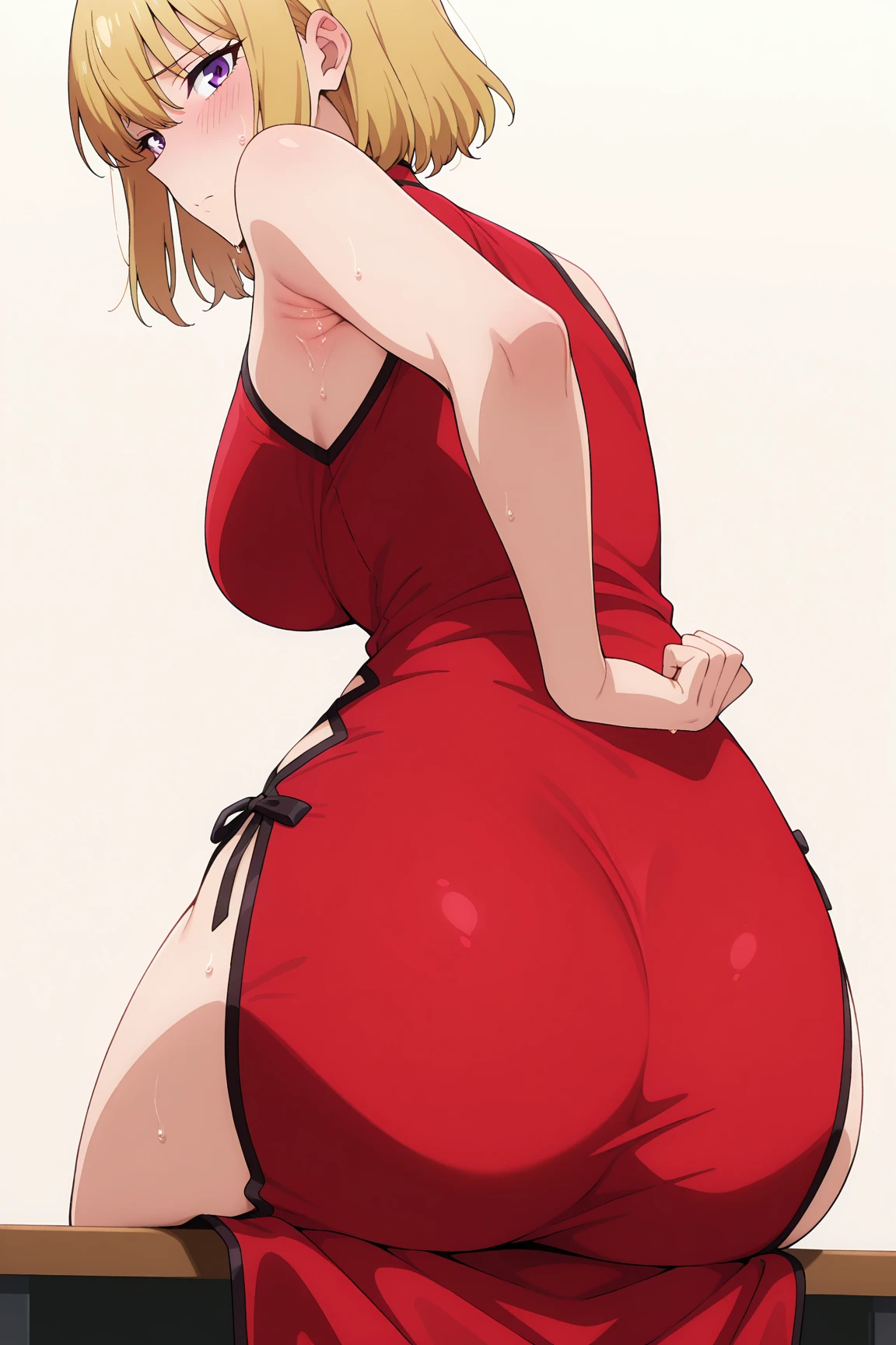 ((1 girl)),((solo)),red dress,white panties,mature girl, tall, mature face, massive ass, fat ass, gorgeus ass, ass bigger than head, looking at viewer, seductive smile, blonde hair, green ribbon, green eyes, Roll (Mega man), bubble butt, medium ass, ((super gigantic ass)), huge ass, gigantic ass, ass visible from front, perfthig, thick thighs, wide hips, curvy, plump, thin arms, narrow shoulders, in a motel