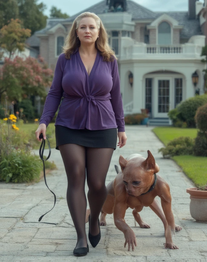 A ditsy blonde (Mini skirt, tube top, no panties, huge , mega breasts, hourglass figure, no panties) bending over to pet a puppy, busy sidewalk