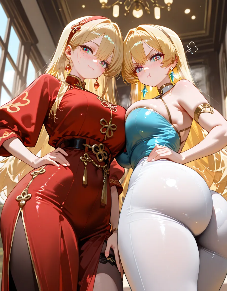 masterpiece, Highest quality, In detail, High resolution, Very delicate and beautiful, Volumetric lighting, Best Shadow, Shallow depth of field, One girl, blonde, (Huge breasts), Double Hair Bun, (China dress), (Cleavage), Pelvic Curtain, (Wide Hips)