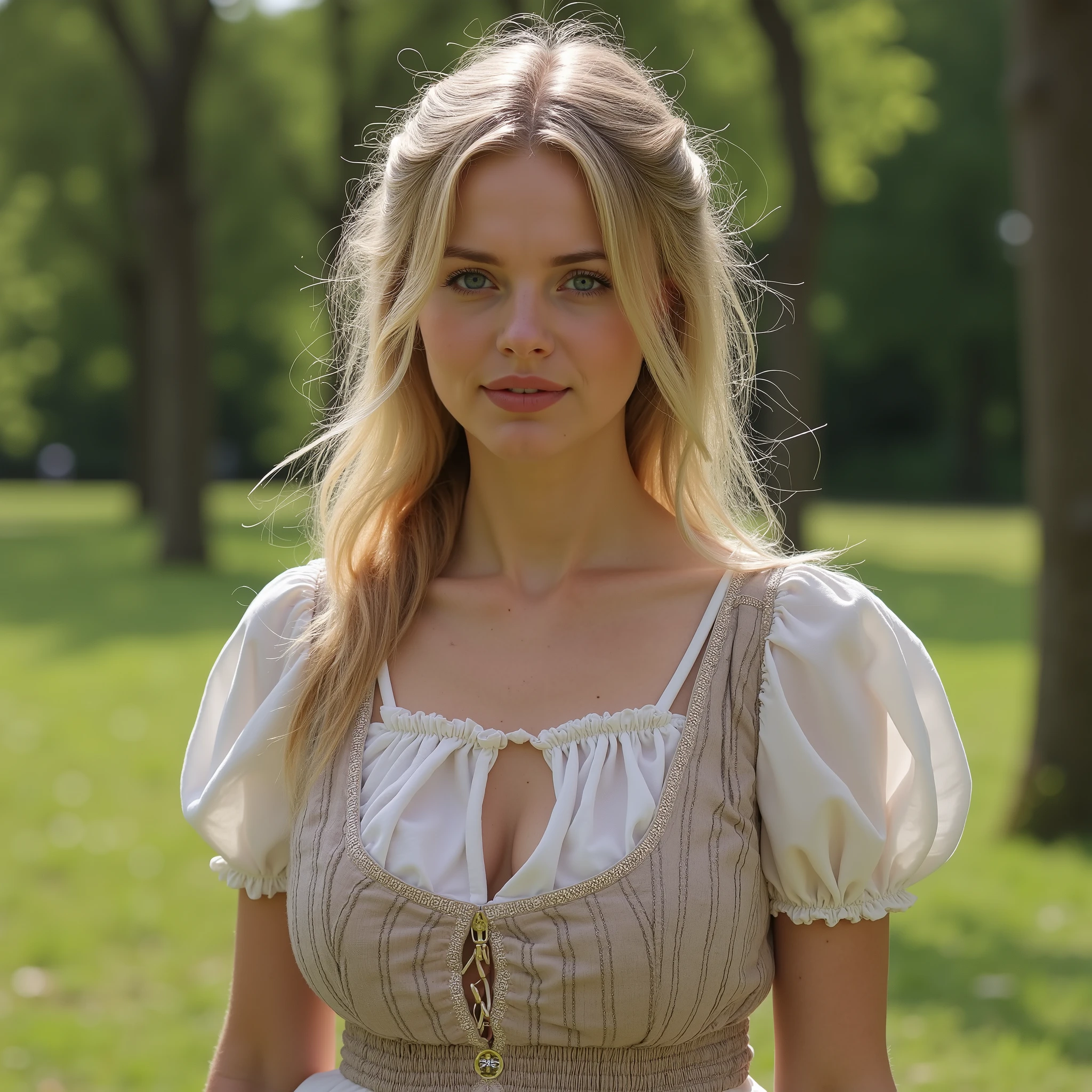 best quality, masterpiece, realistic photo, intricate details, RAW photo, Ultra-detailed, old fashioned Young woman, in a big peasant dress, big cutouts, blond hair, perfect details and blue eyes, walk through the old park , Kachestvo HD, 8 k, Young woman, 20 years