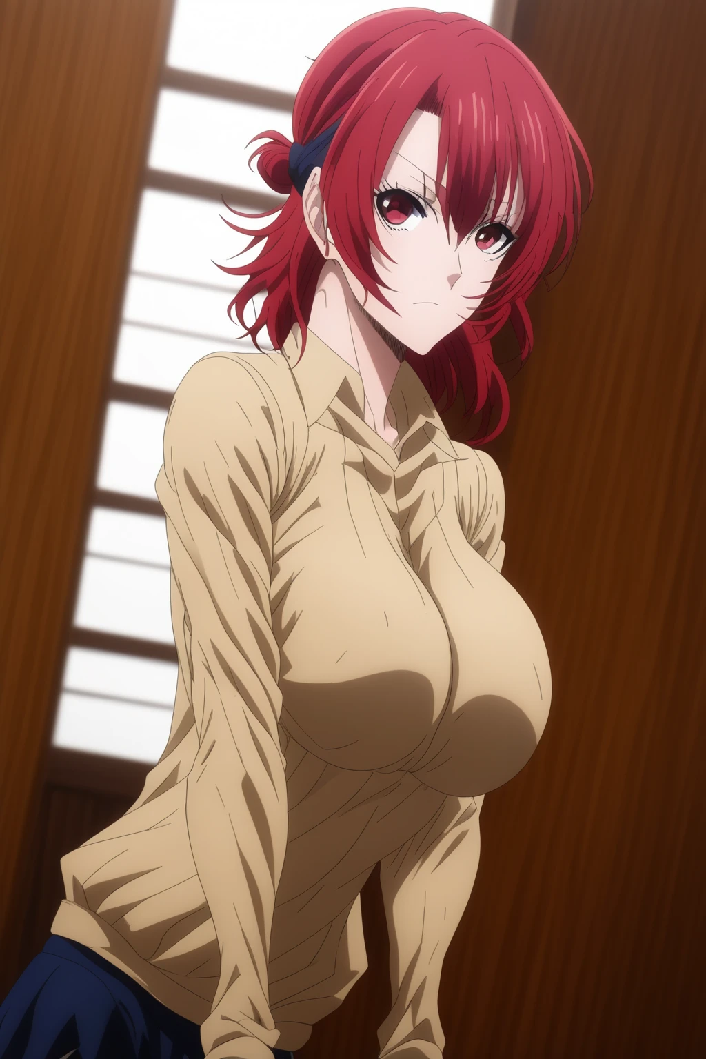 Masterpiece, pretty seductive face, small breasts, (White kimono cover up), ((red Lingerie)), ((No Nudity)), Good lighting, (red hair), straight hair,yellow eyes, 1girl, (Makima), Best quality, well done eyes

