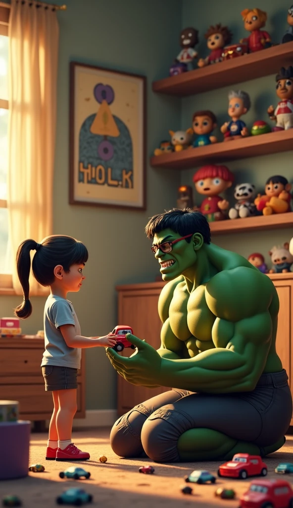 This image shows a lighthearted and somewhat humorous scene where Hulk, a character known for being menacing, is standing alongside a mother and her child. The mother is smiling warmly, and the child is brushing their teeth, also smiling. Hulk, with his signature large, toothy grin and long tongue, is leaning in close, holding a toothbrush, adding a funny twist to what would otherwise be a normal family moment. The contrast between Hulk intimidating appearance and the everyday activity of brushing teeth creates a quirky and memorable image.