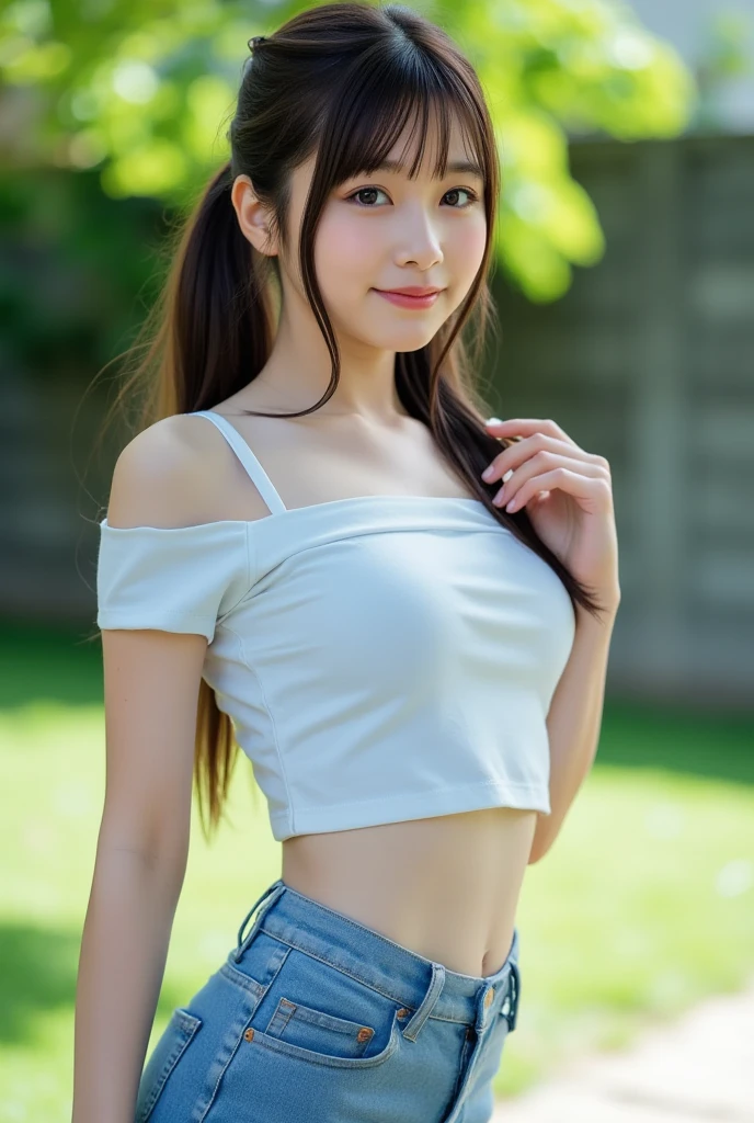 (highest quality,masterpiece:1.3,Ultra-high resolution),(Very detailed、Caustics) (Realistic:1.4, RAW shooting、)Ultra-Realistic Capture、Very detailed、Natural skin texture、masterpiece、(Japanese girl in sequin tank top and jeans skirt:1.3)、Adorable expression、Expressions of happiness、、height: 148cm、Young Face、Amazingly cute、Twin tail hairstyle、Straight hair、Scrunchie、necklace、Black Hair、light makeup、Slightly large chest、Shining thighs、Shining ass、Photo shoot in a private garden、Background details、smile、An inviting gaze、Anatomically correct、Cowboy Shot、Attention to detail、Sexy and cute pose