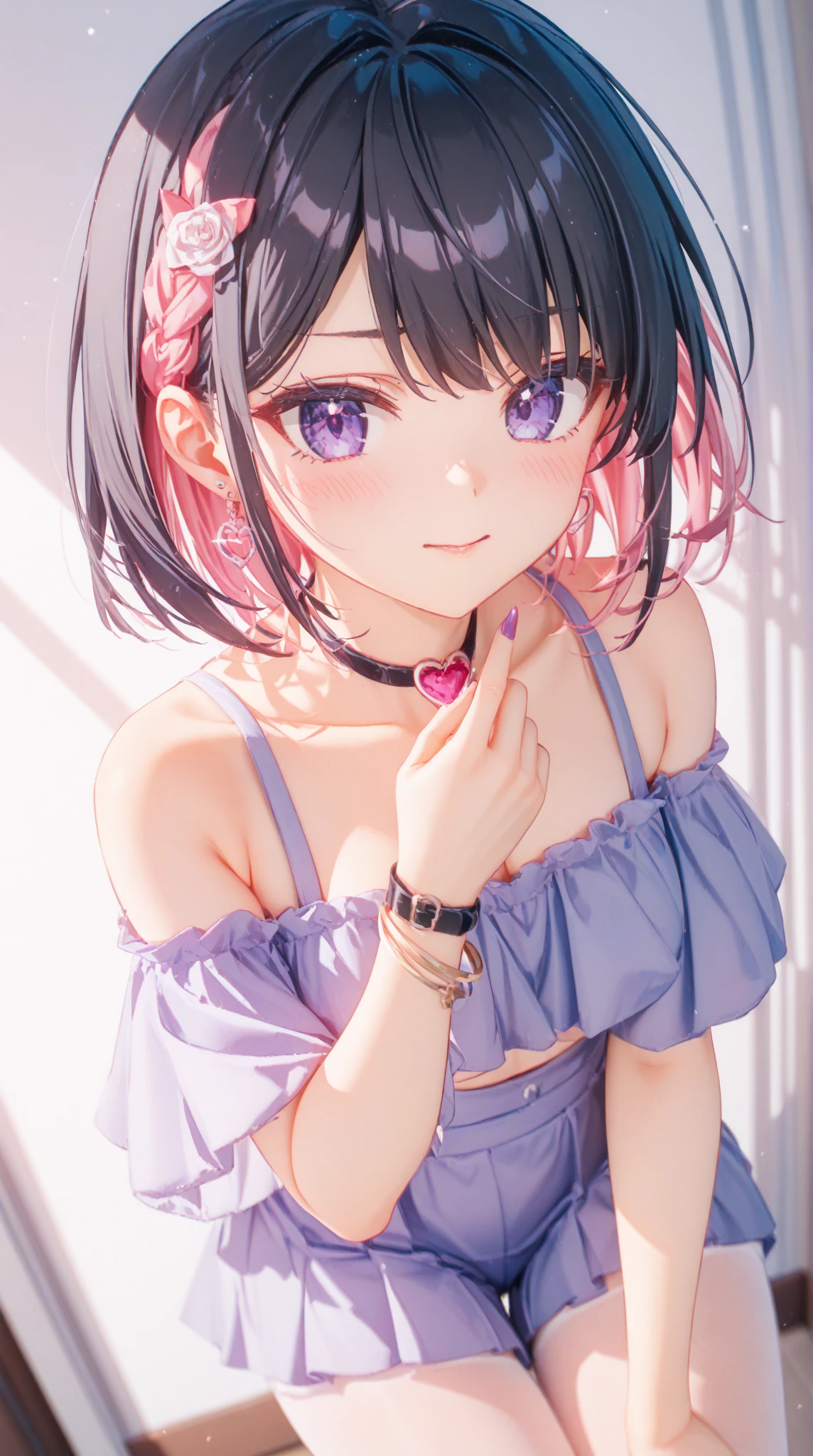 (best quality), (masterpiece), (1girl),(ultra high res), (photorealistic), solo, Photo, bare shoulder, thin necklace, shy look, girly look, ultra detailed eyes, sexy, (smile:1.2), random pose, beach, pony tail, (lavender colored hair:1.2), wet skin, small breasts, ming dynasty, MingStyle, hanfu, white revealing dress, purple accessory on hair,