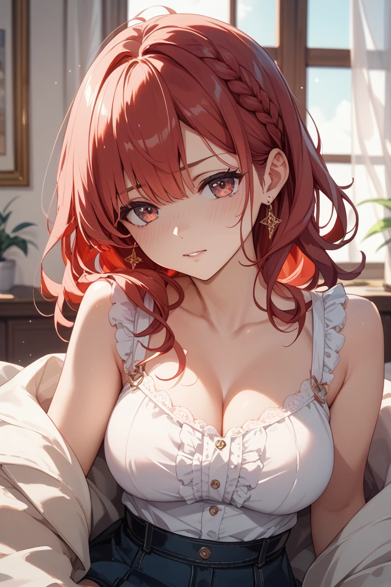 1lady,cute,big breast,cleavage,(((red long hair,red eyes))),she eat a gelato,in living room,pajamas