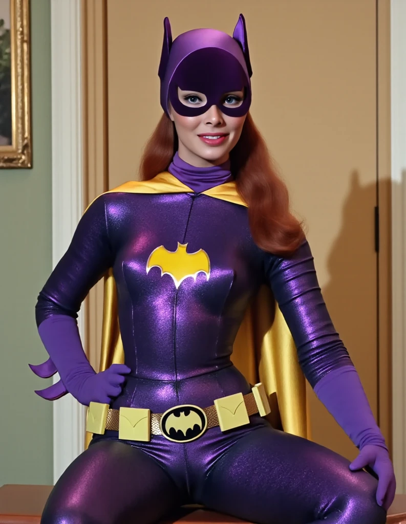 Sofia Vergara (age 40, sexy bat girl bikini cosplay, holding a bouquet of violet tulips) doing a cosplay fashion show, having lots of fun and sexy sassy strut on stage
