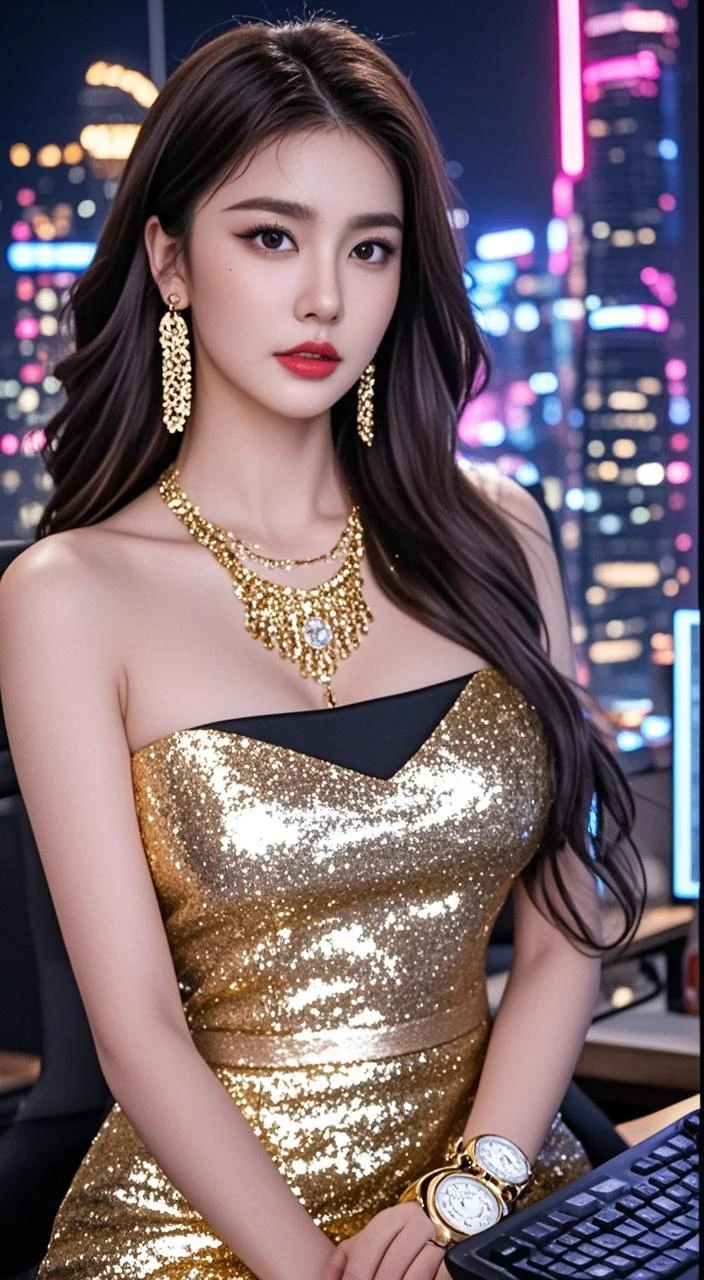 realistic,high resolution：1.3）， skinny girl， Their facial features and eyes are very delicate.,black hair,red glossy lips,(Beautiful face), (best quality), (Superb details), (A collection of 8K CG wallpapers that are very detailed.),(The background is a modern casino and slot machines, a modern PG company.),(rift),Look sexy,Big eyes,(stand),(Slim waistline),perky breasts,soft breasts,The breasts are very realistic.,sexy pose,(big breasts),Character is central,perfect breast shape,small breasts,(The top of the pipe is black.),Dilireba 