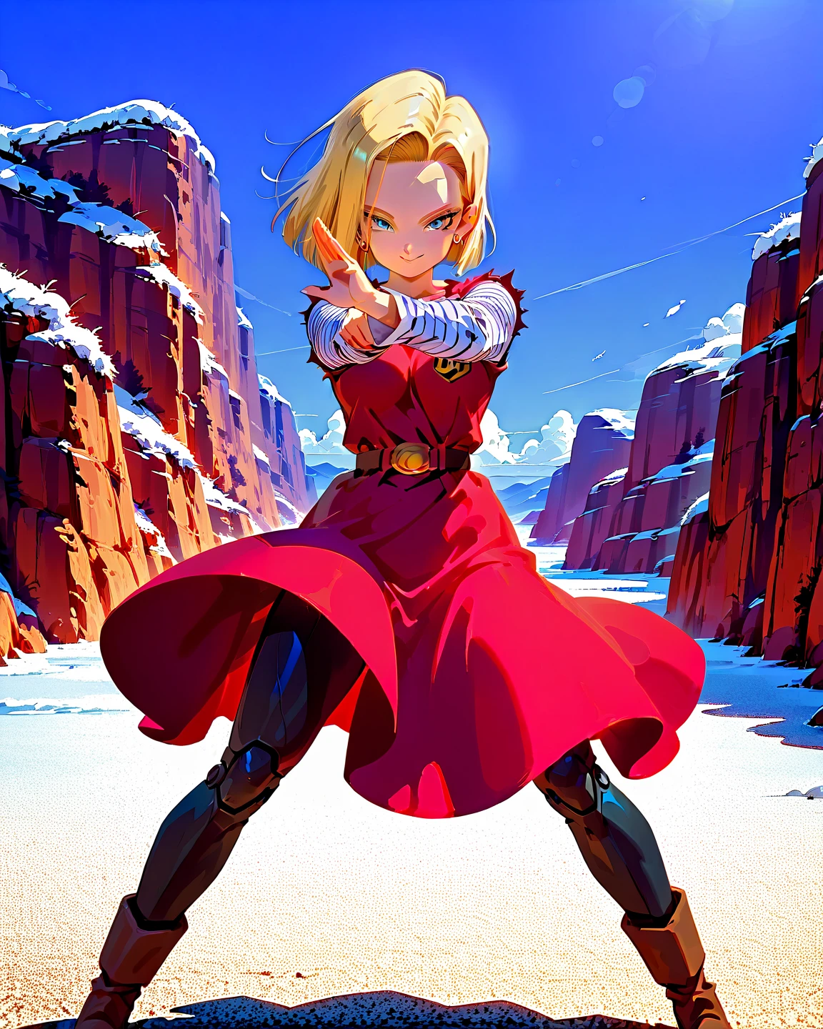 best quality, highres, and18, 1girl, android 18, solo, blonde hair, blue eyes, belt, demin skirt, gold_necklace, bracelet, closed fists, black shirt, short hair, long sleeves, earrings, blue skirt, open vest, denim vest, medium breasts, cowboy shot, mountains, straight-on, (weather: raining), wet clothes, sexy smile, combat stance, full length pantyhose, battle ruins,