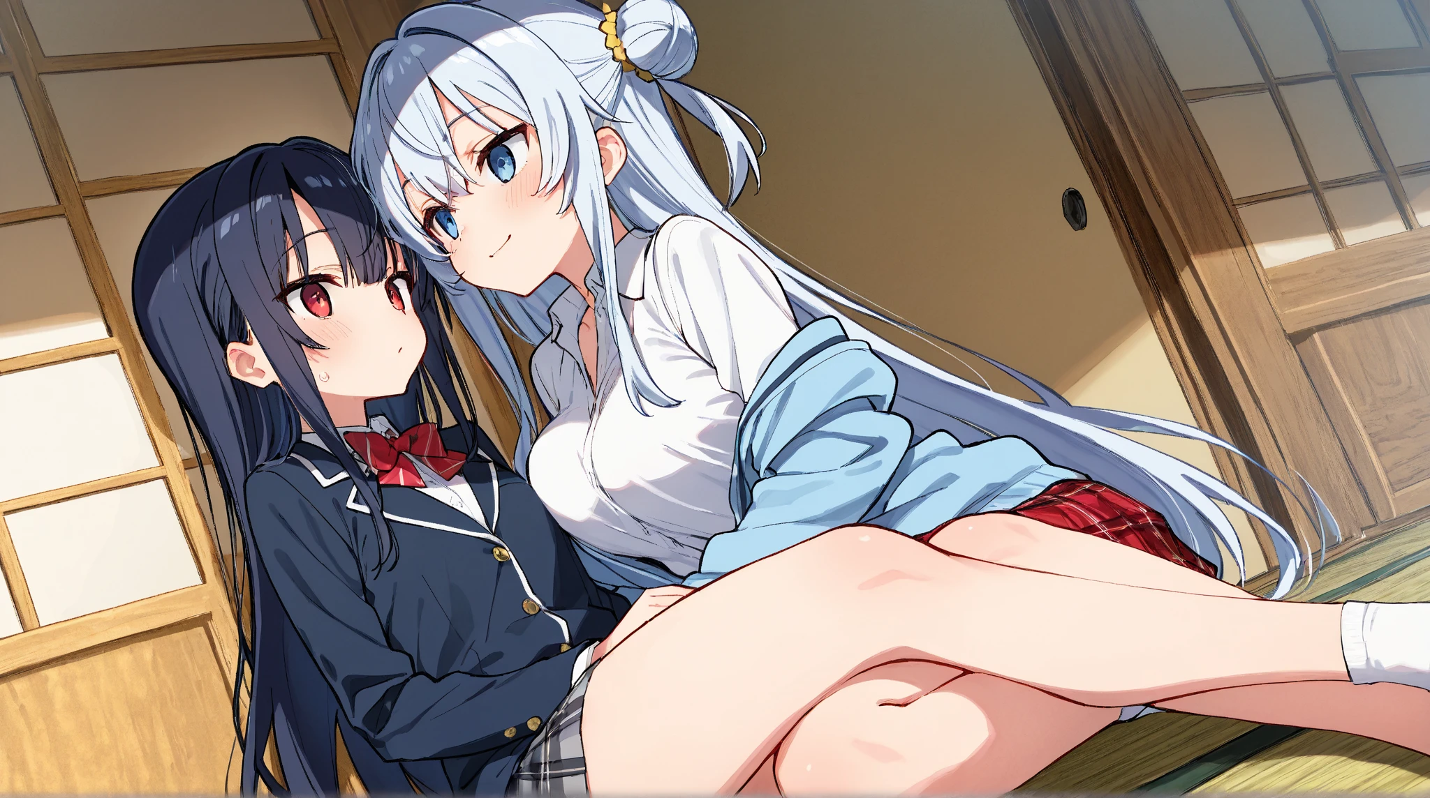 Best Quality,masutepiece,look down on, Upper body,Strands of hair,lightblue hair,white hair,Pink hair,Classroom,tiny chest、red blush, Bow, Red bow, Long sleeves, Shirt, Collared shirt, Skirt, Pleated skirt, Black skirt, tiny chest、looking at the viewers, BREAK (masutepiece:1.2), Best Quality, High resolution, Unity 8k壁纸, (Illustration:0.8), (Beautiful detailed eyes:1.6), extra detailed face, Perfect Lighting, extremely details CG, (Perfect hands, Perfect Anatomy),A smile、(Skirt lift:1.3), (White panty:1.3)、(Skirt that rolls up:1.3)、(Fully exposed panties:1.5),(Multiple girls)