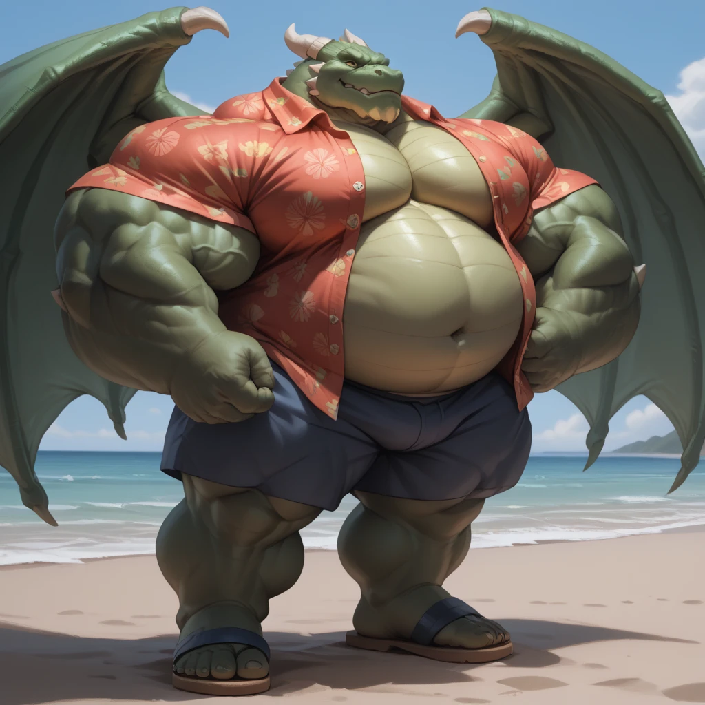 Dragon, Green Body Color, Male, Solo, Horn, Dragon Tail on Front, Middle-aged, Front View, Speedo, Bulge, Correct Hands Anatomy, Correct Fingers, Correct Anatomy, Hands on side, Looking Viewer Confused, Tail on side,  Beach background, Furless, Hairless, Scales, Muscle: 3, Muscular Body, Big Pectorals, Pecs, Tattoo on Pectorals, (Photorealistic, Realistic shadows, depth of field, Wide Dynamic Field, Dark Shadows, HDR, Low Light: 1.2, Low angle Full Body Shot), 
