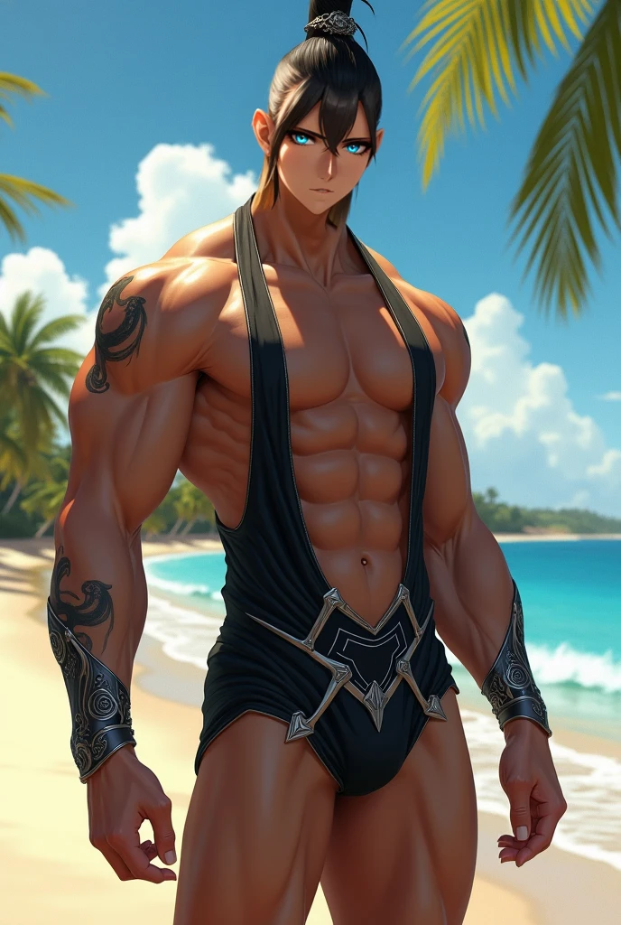 tanned skin, muscular, smile, short black hair, accessories, bikini swimsuit, flowing sweat, top quality, tattoos, boyish, seaside, wet body, wet hair, wading,