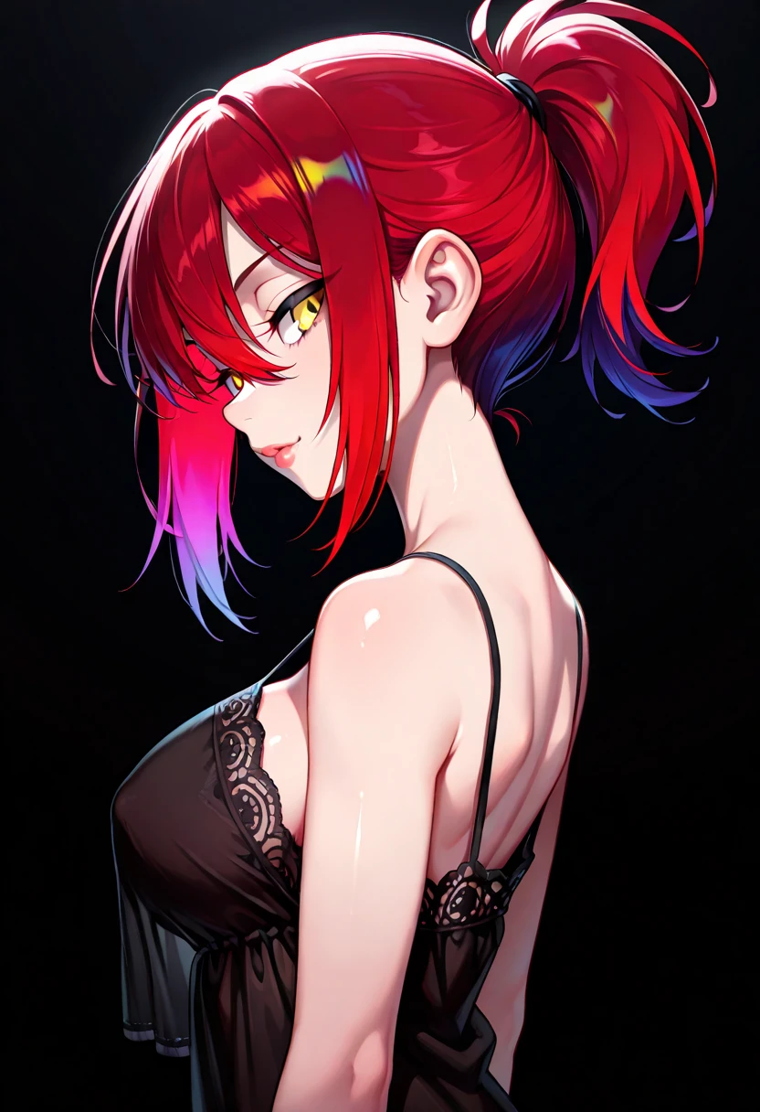 1girl, solo,red theme,looking at viewer,large breasts,portrait,from side,bad-girl,((mature female))
