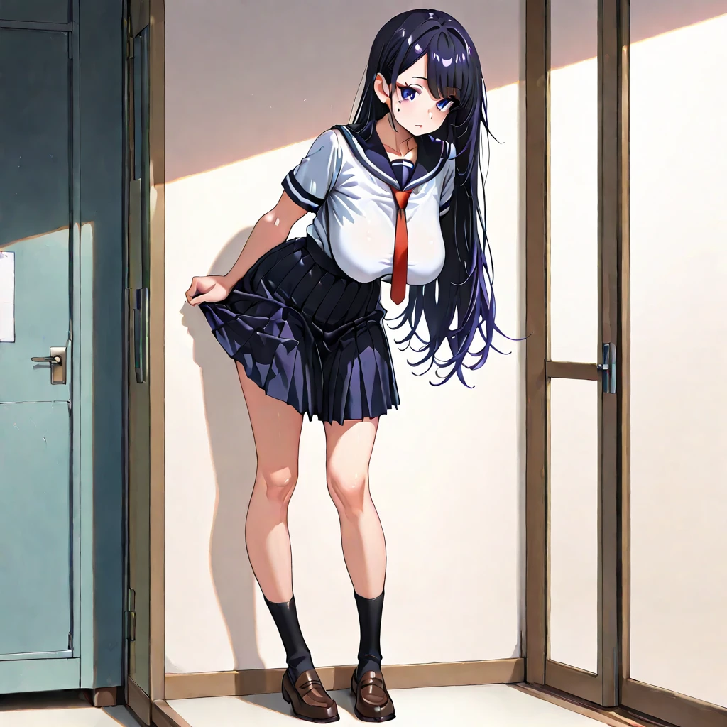 8k、RAW Photos、High resolution.(Full body photo from face to ankles)、(Perfect Anatomy)、Back view、Turning pose、1 female 14 years old、Detailed skin、Glowing Skin、Baby Face、Beautiful Eyes、Small face、smile、Black Hair、School corridor、Beautiful ass