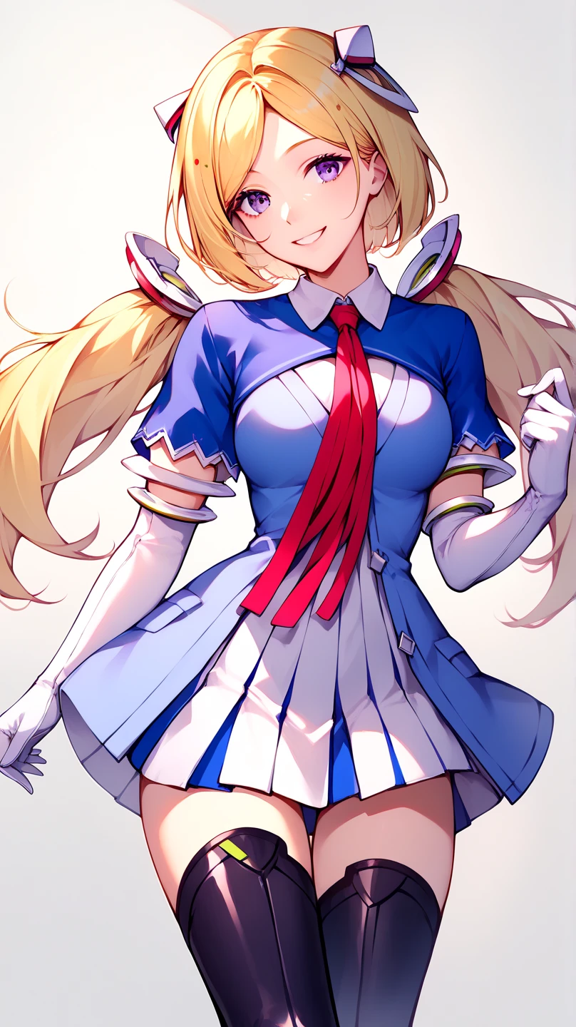 ((realistic)), (highres, absurdres, novel illustration, promotional art, game cg, exceptional, best aesthetic, best quality, masterpiece, extremely detailed. colorful:1.0), solo, noel vermillion, green eyes, blonde hair, long hair, small breasts, collared shirt, white shirt, white gloves, blue capelet, blue skirt, microskirt, pleated skirt, black thighhighs, (sideboob:0.8), (navel, midriff:0.8), looking at viewer, ((cowboy shot)), ((abstract background)), <lora:noel vermillion (chronophantasma):1>