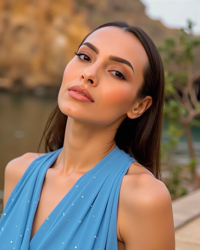 Arabian women , wearing along blue dress, standing, brwon hair , big brown eyes ,close up , full body shot ,arm tattoo, looking at viewer, in night club, intricate high detail, (vibrant, photo realistic, realistic, sharp focus) ((film grain, skin details, high detailed skin texture, 8k hdr, dslr)), 8k uhd