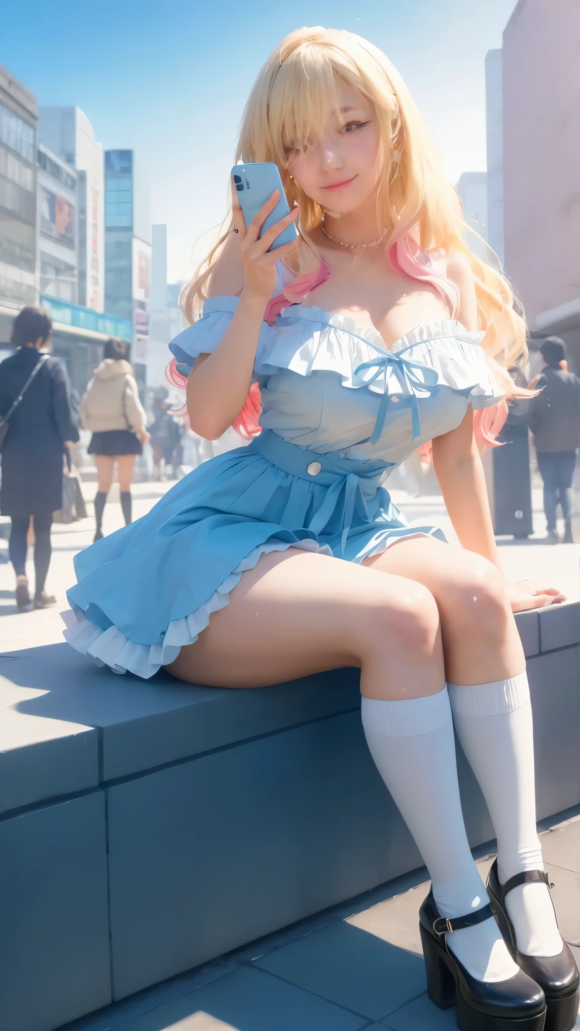 official art, masterpiece, sharp focus, (beautiful gorgeous cute Korean woman:1.3), (beautiful cute korean:1.3), korean beauty, Delicate and beautiful hair and eyes and face, realistic, ultra detailed, beautiful girl, blue sky, glow white particle, (sidelighting:1.2), sun light, white cloud, detailed clouds, slender, Lovely very large breasts and very large hips, smile with teeth, ((smile with eyes, open both eyes)), scenery, long straight hair, sexy facial expression, building, (cityscape:1.7), dynamic hair, long straight hair, detailed platinum pink hair, glow blue eyes, (blue pleated shirts + white skirt), white long socks, pale skin, hair ornament, epic scenery,