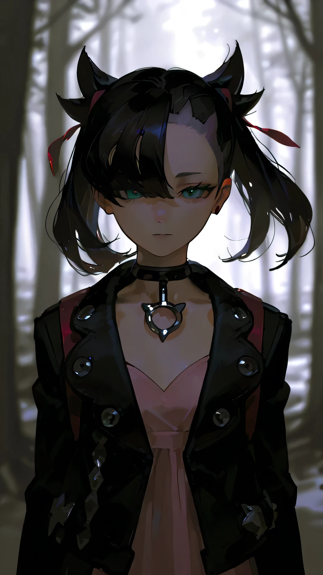 ( 걸작 : 1.2), ( very detailed: 1.2), ( Low saturation scent : 1.2), (Soft contrast : 1.2), ( Clear Line Drawing : 1.2), (semi-realistic expression : 1.2), (Best HD ), 8k, animated illustration , beauty , 걸작、 Premium 、 good quality 、 average quality 、 very detailed、 Very beautiful、 absurd、 blurry background 、 is very detailed. Eyes and face, Beautiful and detailed snow, Premium , 걸작, very delicate and beautiful , unity, 8k Wallpaper, surprising, details , 걸작, Premium , official art , Good hand 、big , black hair, turquoise eyes, girl, skinny, marnie, short ponytails, assymmetrical bangs, long black dress, black jacket, forest