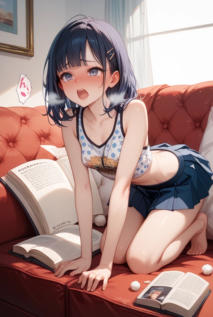 Anime Kawaii sexy Perfect Slim sensuous body large breast and huge thighs, An intricate and highly detailed illustration of anime (Young girl)  fullcolor, 1womanl, defined body, Bblack hair, blue colored eyes, breasts big, sport cloth, equipped diver, Navy color, white blouse, tight, black t-back thong, sensuous, undergarment,  Ultra high quality,  wall-paper, Living room, big mirror, mirada coqueta, Sweet face.