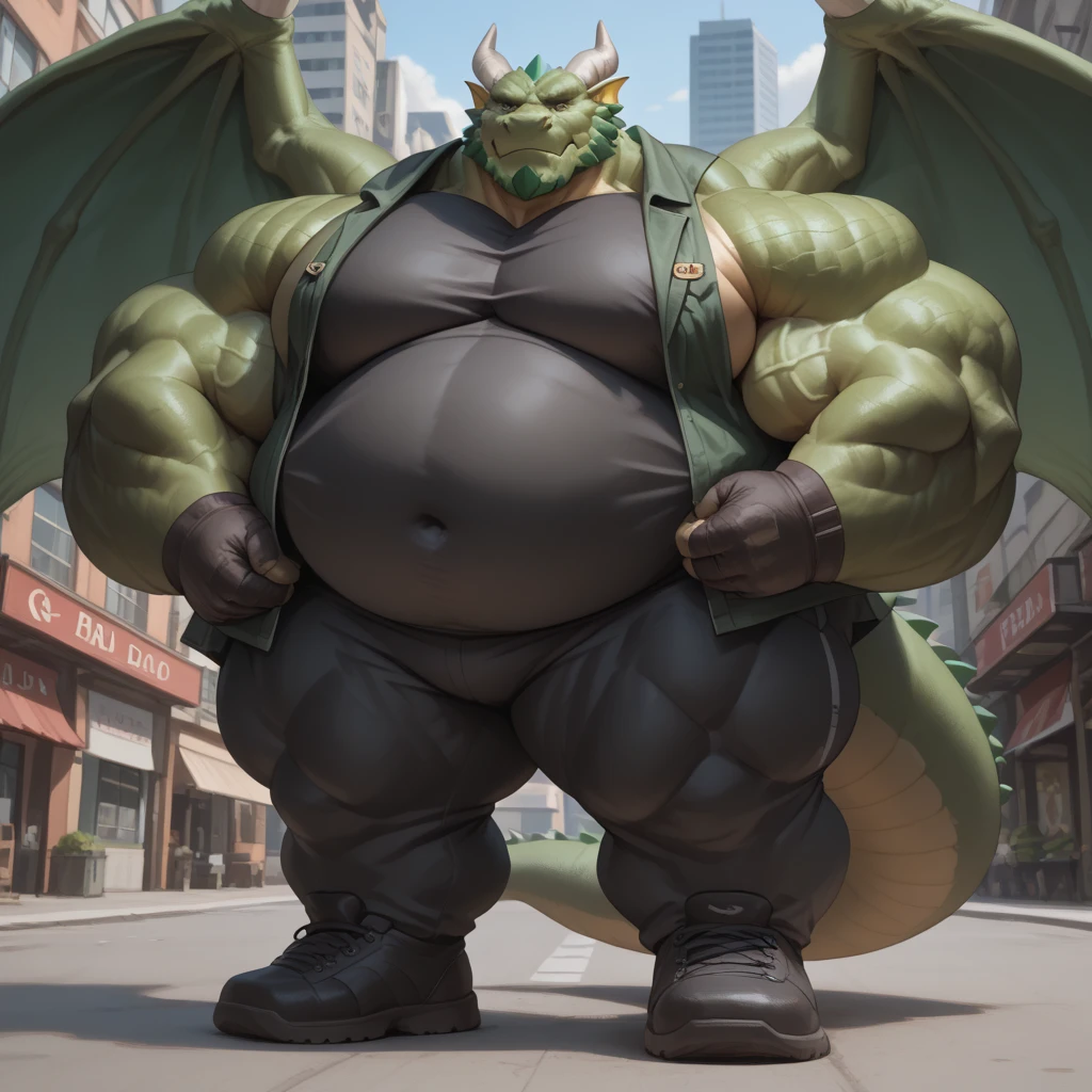 Dragon, green skin, obese, massive yellow belly, , dominant, low angle, toothy grin, dark environment, 