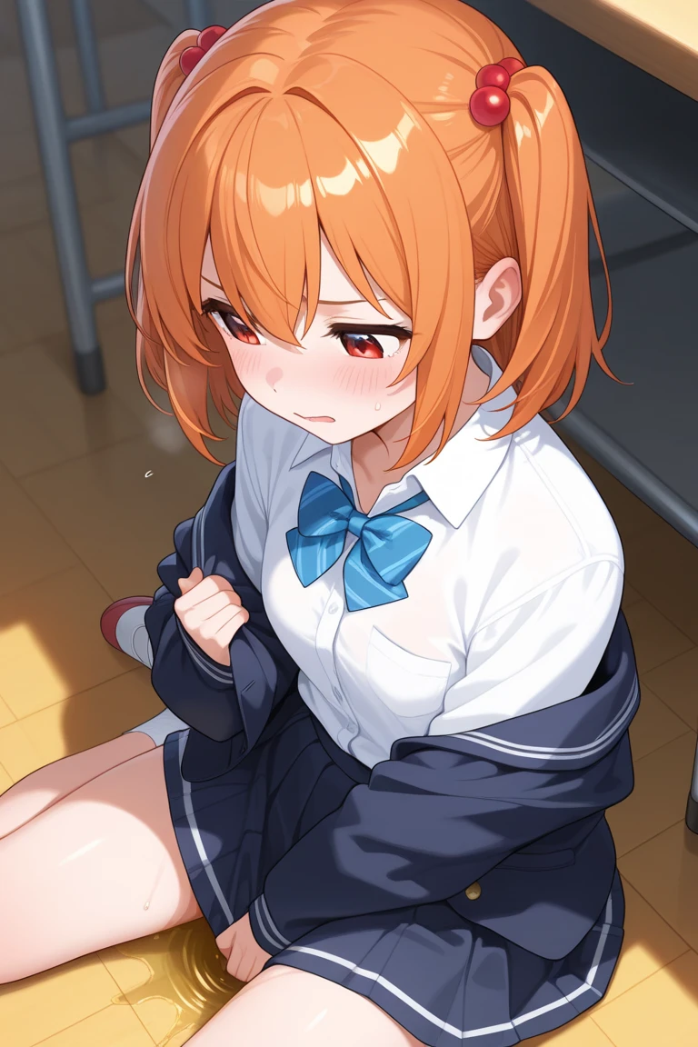 score_9, score_8_up, score_7_up, rating_explicit, masterpiece, best quality,high quality,highres,very aesthetic, absurdres, high detailed,optimal lightning,4k,8k wallpaper, source_anime, uncensored,official art, official style, megami magazine,BREAK,1girl,risingstar xy,hairband,orange hair,neckerchief,shirt,parted bangs,unamused,confused,disappointed,embarrassed,looking away,sexual ecstasy,((((motion lines)))),in heart,(((steam))),(sweat) ,(((steam,sweat))),too many heart mark,cowgirl position,girl on top,from above,