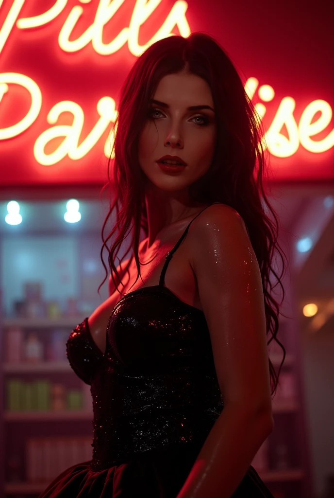 A Brazilian woman on a luxury balcony, wearing a tight, low-cut dress, with a close-up of the seductive lines of her breasts and the neon lights reflecting off her body, highlighting its charm and the vibe of the night.